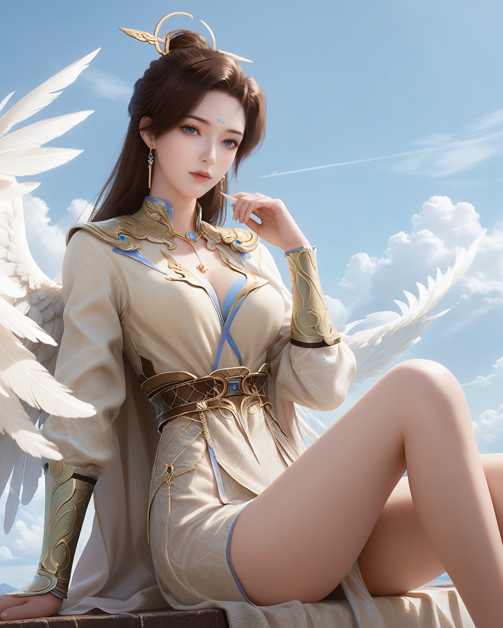 score_9,score_8_up,score_7_up,1girl,long hair,breast,medium breast,earrings,hair_ornament,dress,blue eyes,brown hair,forehead_mark,<lora:wy_weiwei_XL7.0:0.8>,thick_thighs,sitting,simple background,heaven,white feather,