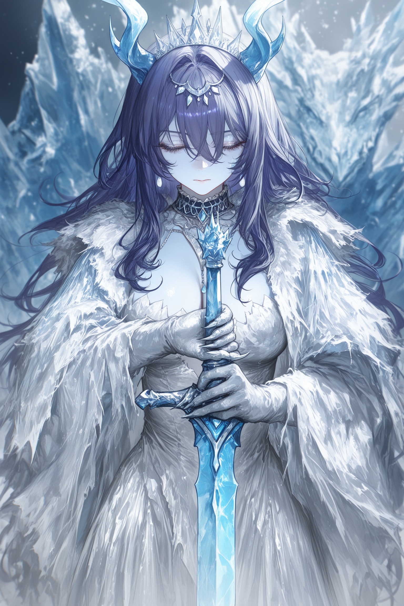 (EyesHD:1.2),(4k,8k,Ultra HD),masterpiece,best quality,ultra-detailed,very aesthetic,depth of field,best lighting,detailed illustration,detailed background,beautiful face,beautiful eyes,soft lighting,bloom effect,detailed background,cute girl,eyelashes,1Girl,colored skin,ice dragon girl,(blue skin:1.3),broken asymmetrical dragon horns,ridged horns,scales on skin,scales on neck merging in to her skin,claws,exhaling beath,BREAKlauma \(genshin impact\),solo,long hair,silver hair,long sleeves,hair ornament,holding,hair between eyes,closed mouth,jewelry,upper body,weapon,sidelocks,earrings,alternate costume,holding weapon,holding sword,white traditional inuit cloth,golden lining on cloth,amauti,wearing a traditional inuit perker made from animal hide,vibrant frosty background,silver tiara,facing viewer,sheath,scabbard,unsheathing,european medieval style ice sword,european frost broadsword,Arming sword,blue blade with icy texture,holding sheath,dynamic pose,long mantle,standing in a frozen tundra,dynamic pose,wide stance,(rella:1.2),(redum4:1.2) (au \(d elete\):1.2) (dino \(dinoartforame\):1.1),(qiandaiyiyu:0.85),(soleil \(soleilmtfbwy03\):0.6),(godiva ghoul:0.65),(anniechromes:0.5),