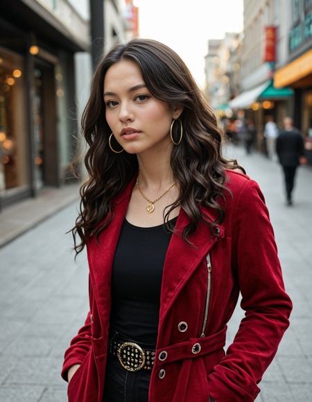Stable_Yogis_Illustrious_Positives 1girl, solo, long hair, looking at viewer, shirt, brown hair, black hair, long sleeves, jewelry, jacket, upper body, earrings, parted lips, belt, necklace, blurry, black eyes, coat, lips, blurry background, wavy hair, red jacket, hoop earrings, hands in pockets, nose, realistic, asian, k-pop, photorealistic