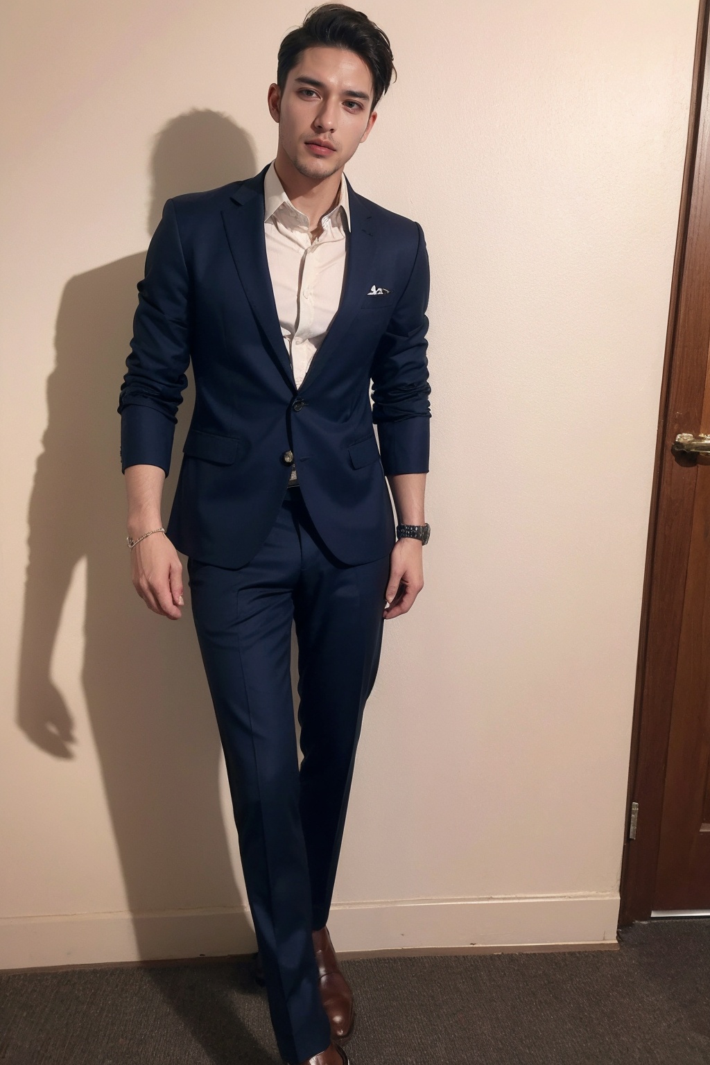 (1man:1.4),(male:1.2),(full body:1.2),(Collared shirt and blazer and suit trousers:1.4),<lora:Male_3:0.8>,