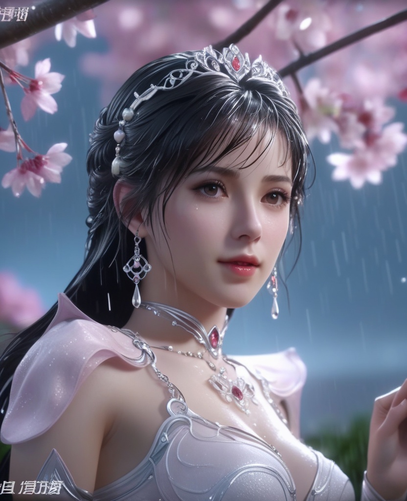 <lora:595-DA-XL-斗罗大陆-小舞-神界服装:0.8>(,1girl, ,best quality, ),looking at viewer, ,ultra detailed 8k cg, ultra detailed background,  ultra realistic 8k cg,          cinematic lighting, cinematic bloom, (( , )),,  , unreal, science fiction,  luxury, jewelry, diamond, pearl, gem, sapphire, ruby, emerald, intricate detail, delicate pattern, charming, alluring, seductive, erotic, enchanting, hair ornament, necklace, earrings, bracelet, armlet,halo,masterpiece, (( , )),, realistic,science fiction,mole, ,cherry blossoms,(((, , ultra high res, (photorealistic:1.4), raw photo, 1girl, wet clothes, rain, sweat, ,wet, )))(( , ))   (cleavage), (), 