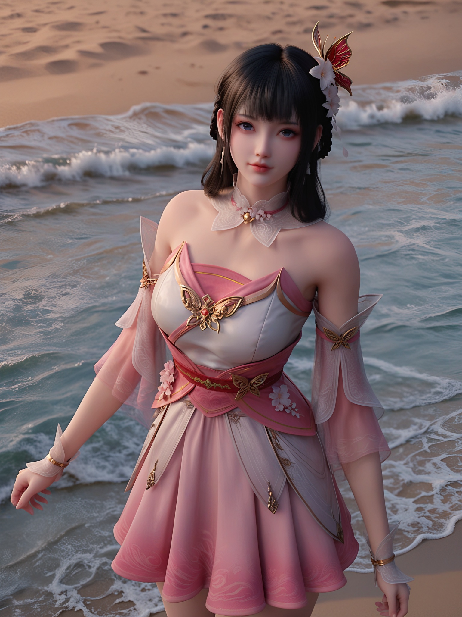 realistic style photo outstanding style,tall,cute,in her teens. Use soft lighting to cast gentle shadows on the subject,adding a touch of dimension to your images without compromising details,score_9,score_8_up,score_7_up,Seaside,beach,waves,<lora:清纯穆红绫Pony:0.7>,long,straight black hair adorned with a floral hairpin,featuring delicate white and pink flowers,dressed in a flowing,off-the-shoulder dress in a delicate pink hue,with intricate gold trim and a belt adorned with a golden phoenix design.,
