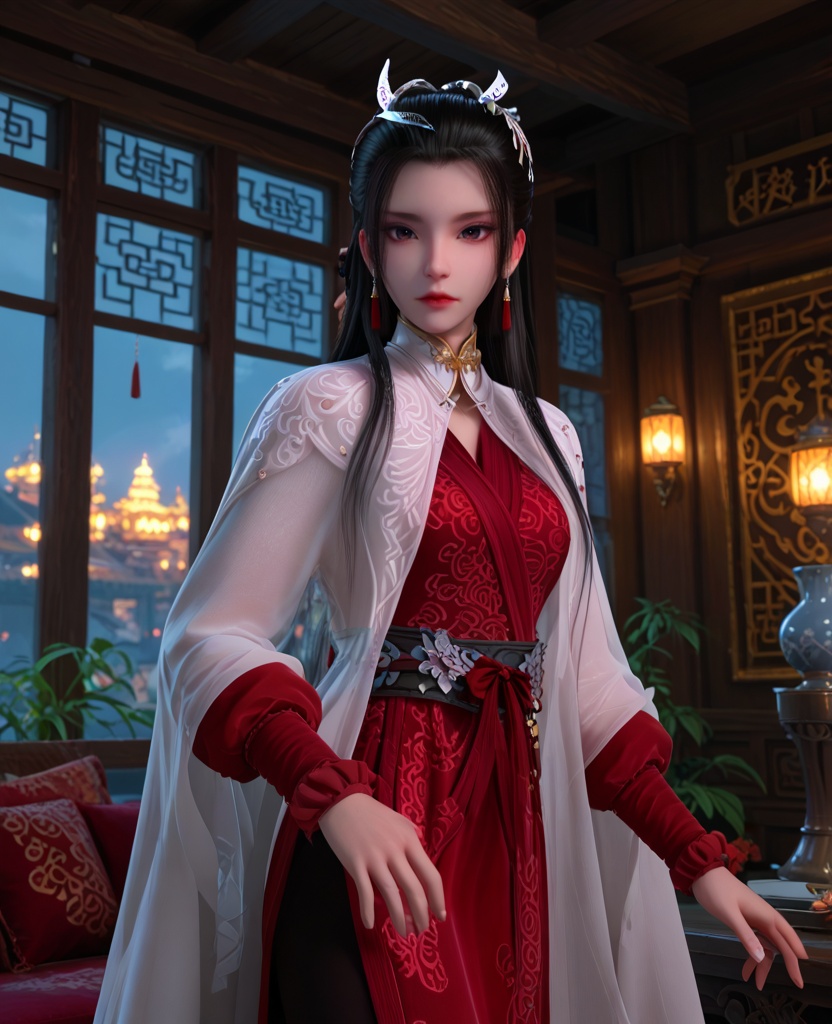 (oriental architecture, elegant decor, sophisticated style:1.1),(villain pose:1.1),(breasts:1.2),<lora:XL少年白马晏琉璃:0.95>,miss yanliuli,white cape with red dress underneath,brown eyes,hair ornament,earrings,black hair,hanging hair,long hair,sash,long sleeves,white cape,see-through silhouette,, score_9,score_8_up,score_7_up,score_6_up,score_5_up,score_4_up,3d rendering,tag1,tag2, Cinematic Lighting,backlighting,