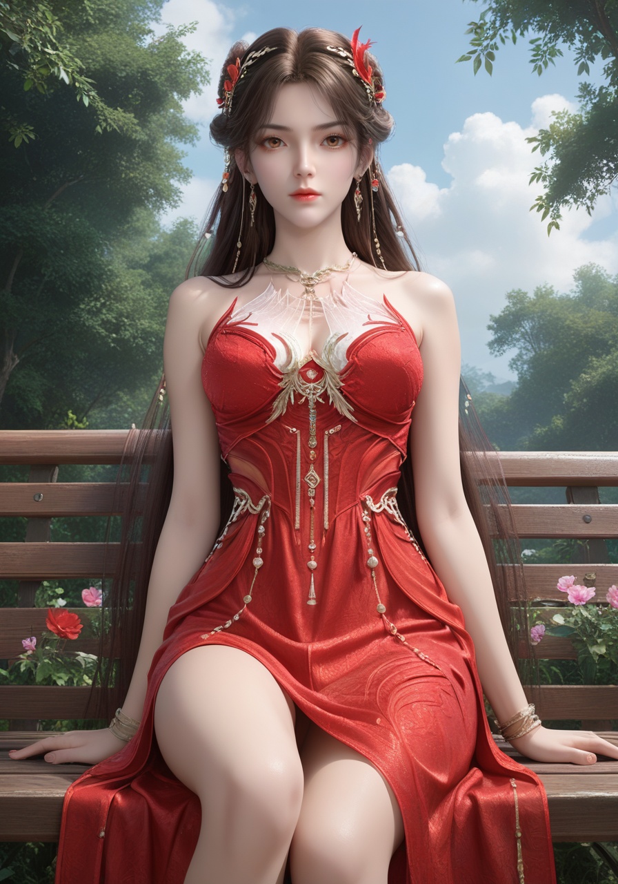 score_9,score_8_up,score_7_up,1girl,long hair,breast,medium breast,earrings,hair_ornament,dress,brown hair,brown eyes,high quality,realistic,thick_thighs,red dress,<lora:wy_huolinger_ts_XLcs:0.8>,gaden,sitting,bench,flower,from_below,disgust,disdain,contempt,