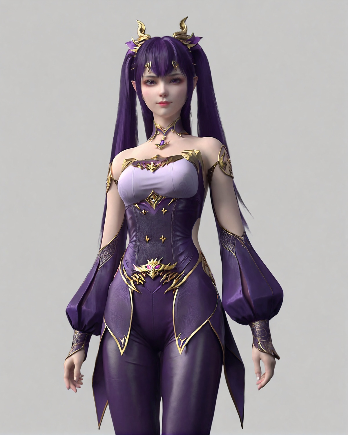 <lora:SF_DaZiYan_Pony_Realism-000004:0.7>,1girl,solo,dress,bangs,purple hair,twintails,leather pants,detached sleeves,hair ornament,standing,looking at viewer,white background,