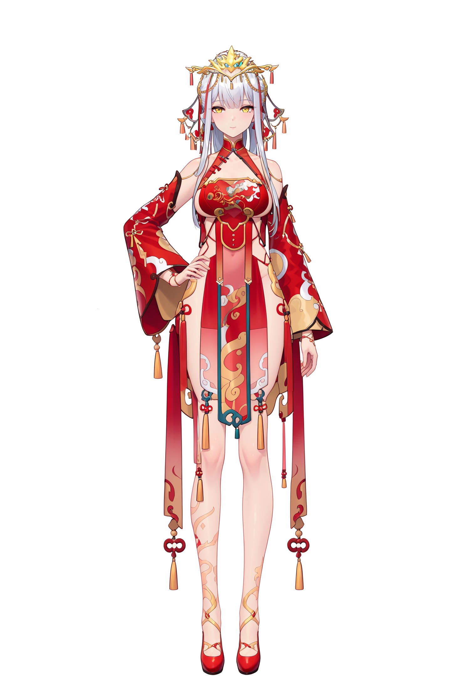 score_9,score_8_up,score_7_up,score_anime,8k,best quality,masterpiece,(ultra-detailed),(high detailed skin),(by nanoless, by misumi \(macaroni\),:0.5),<lora:YLI 0.1v:0.25>,<lora:style1:0.25>,A full-body portrait of a young girl,standing gracefully,pastel art style,high-key lighting,shoujo manga influence,hd quality,delicate details,full body,full shot,standing,looking at viewer,(solo:1.2),simple background,white background,hand on own hip,<lora:cbcnwed-pony-Tanger-000019:0.8>,Ji Chenxing,clothes: Ji Chenxing red weding dress,1st clothes,Ji Chenxing golden tiara,silver hair,1girl,red footwear,breasts,long hair,golden leg tattoo,