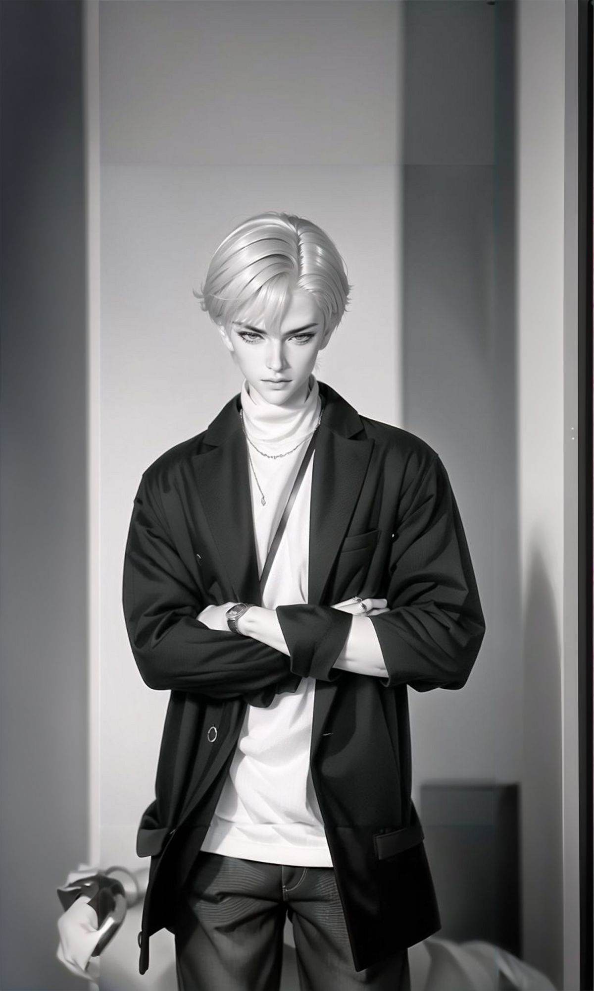(Masterpiece:1.2), (best quality:1.2), (ultra high resolution:1.2), <lora:LovelyDoll3.0:0.65> greyscale, monochrome, solo, 1boy, male focus, crossed arms, ring, jewelry, turtleneck, coat, looking at viewer, short hair