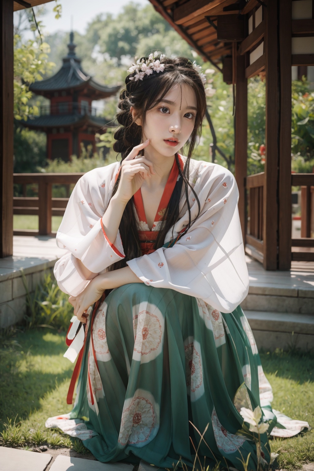 <lora:GoodHands-手beta2:1>,solo,1girl,cowboy shot,<lora:0364 Green floral Hanfu_v1-000003:0.9>,ruanyi0364,chinese clothes,dress,hanfu,outdoors,Chinese ancient pagoda,squatting,full frontal,, (incredibly absurdres, ultra-detailed,CG ,unity ,8k wallpaper),(masterpiece),(realistic),(photorealistic:1.2),(raw photo:1.2), (best quality:1.2), (detailed face :1.4),(beautiful detailed eyes :1.2),(detailed hair),light on face, huge filesize ,cinematic lighting, 1 girl ,sexy,