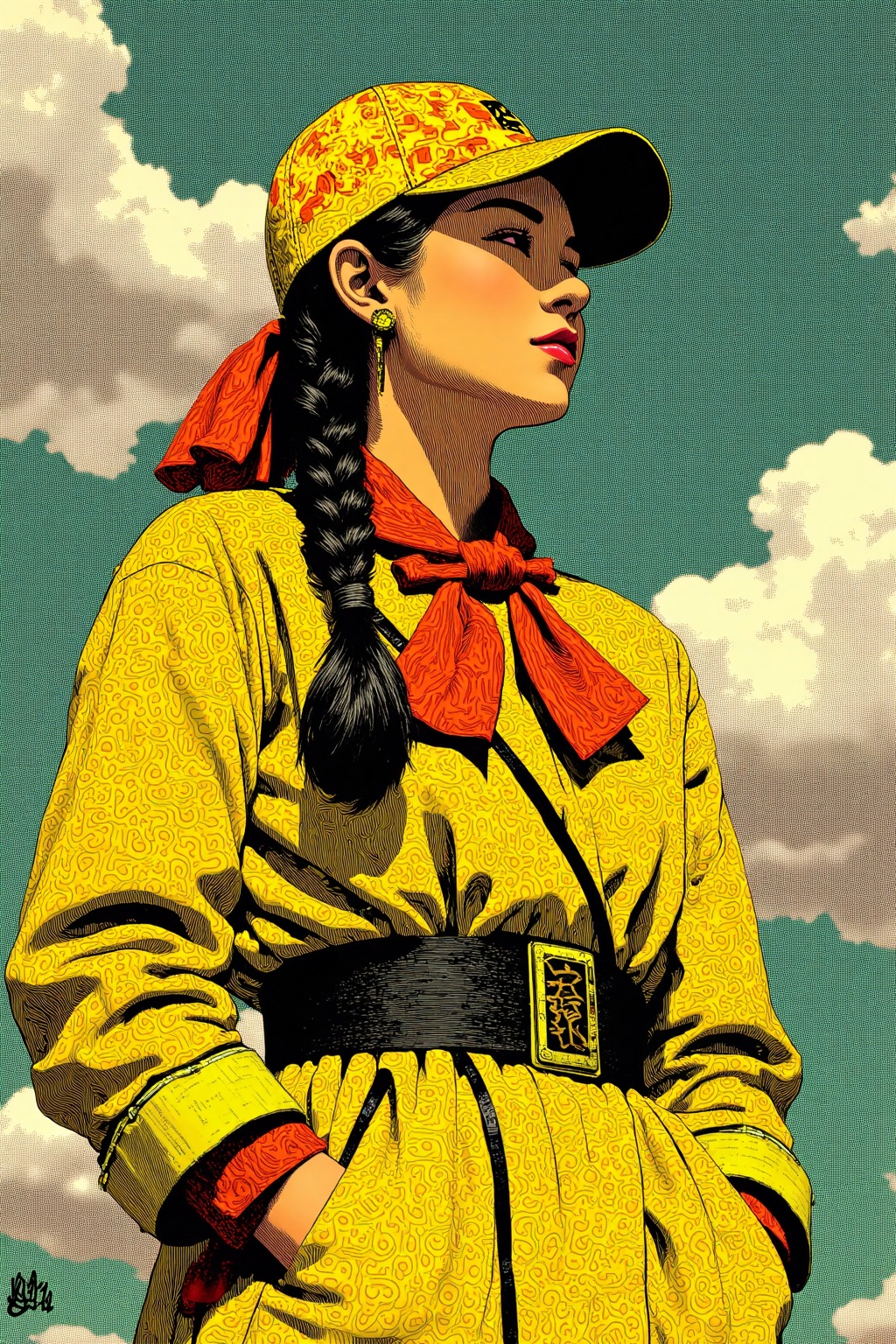 beijihui,Captured from an eye-level perspective, a digital painting of a woman in a yellow coat, adorned with a black belt and a red scarf around her neck. Her coat is adorned with yellow circles, adding a pop of color to the scene. The woman's hair is pulled back in a ponytail, cascading over her shoulders. She's wearing a yellow cap, adorned in a pattern of yellow and red. Her eyes are closed, and her mouth is slightly open, as if she's looking to the right. The background is a mix of green, blue, and white clouds, creating a striking contrast to the woman's outfit.