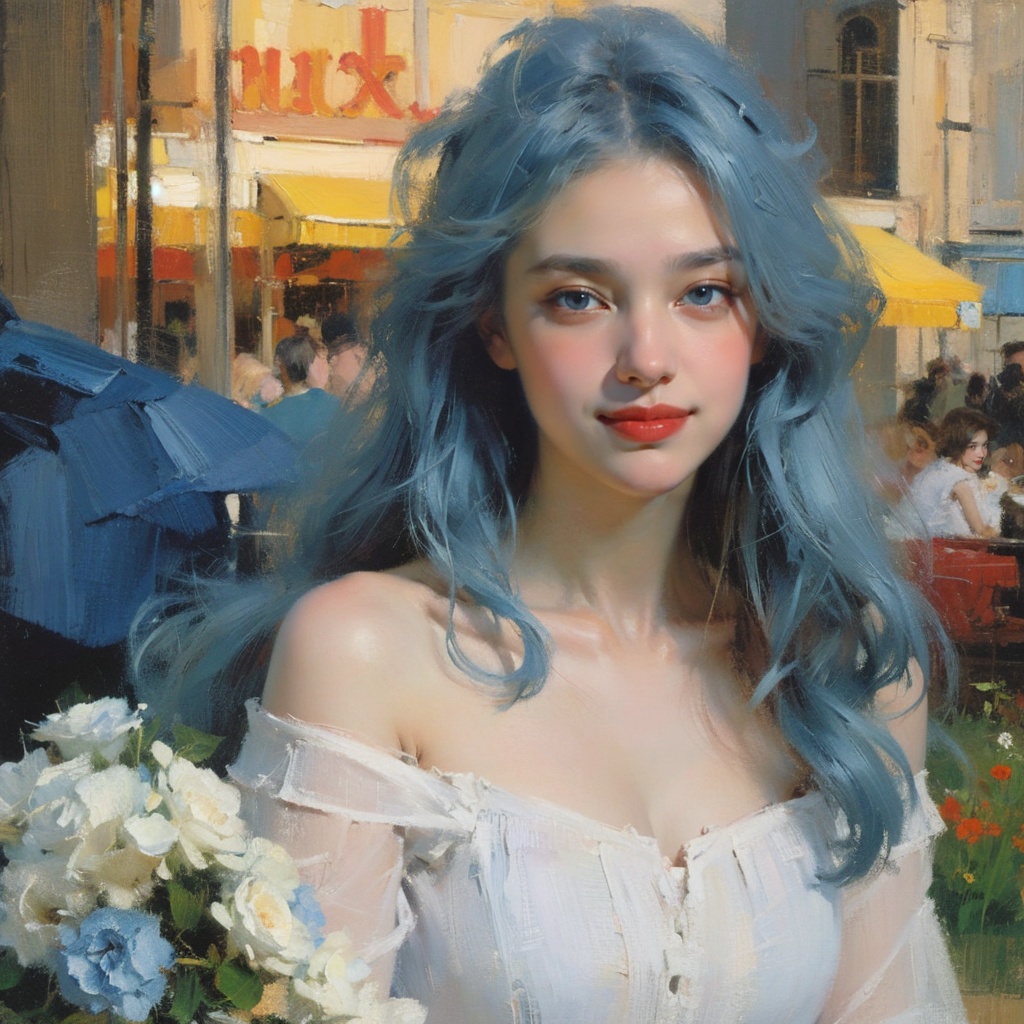 ART,(Oil Painting:1.2),(Impressionism),Best Quality,Masterpiece,High Resolution,Realistic,(Depth of Field | Amusement Park),1 Girl,Upper Body,(Bouquet | Blue Rose),(White Hair | Blue Hair),Off Shoulder,Pleated Dress,Long Hair,Messy Hair,Beautiful Face,beauty face,smile,