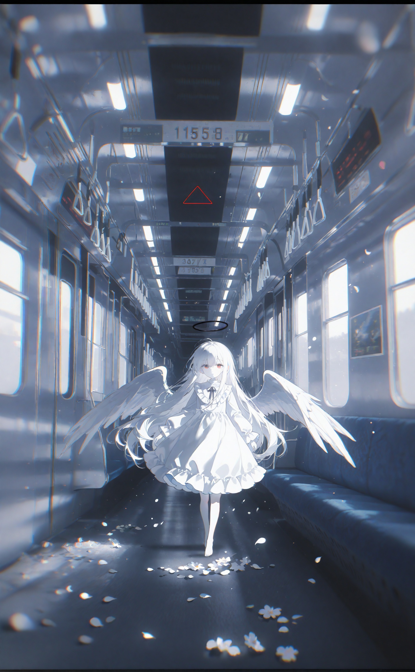 miracle, 1girl, halo, white hair, train interior, dress, red eyes, angel, wings, white dress, angel wings, letterboxed, white skin, long hair, chromatic aberration, solo, train, looking at viewer, feathered wings, wide shot, albino, blurry, pale skin, white wings, colored skin, frilled dress, floating, long sleeves, dark halo, triangle, window, vanishing point, hallway, frills, white theme, depth of field, flower, hair between eyes, scenery, train station, black border, closed mouth, black halo, expressionless, indoors, barefoot, blurry foreground, petals, standing, full body<lora:konya666up-000025:0.8>