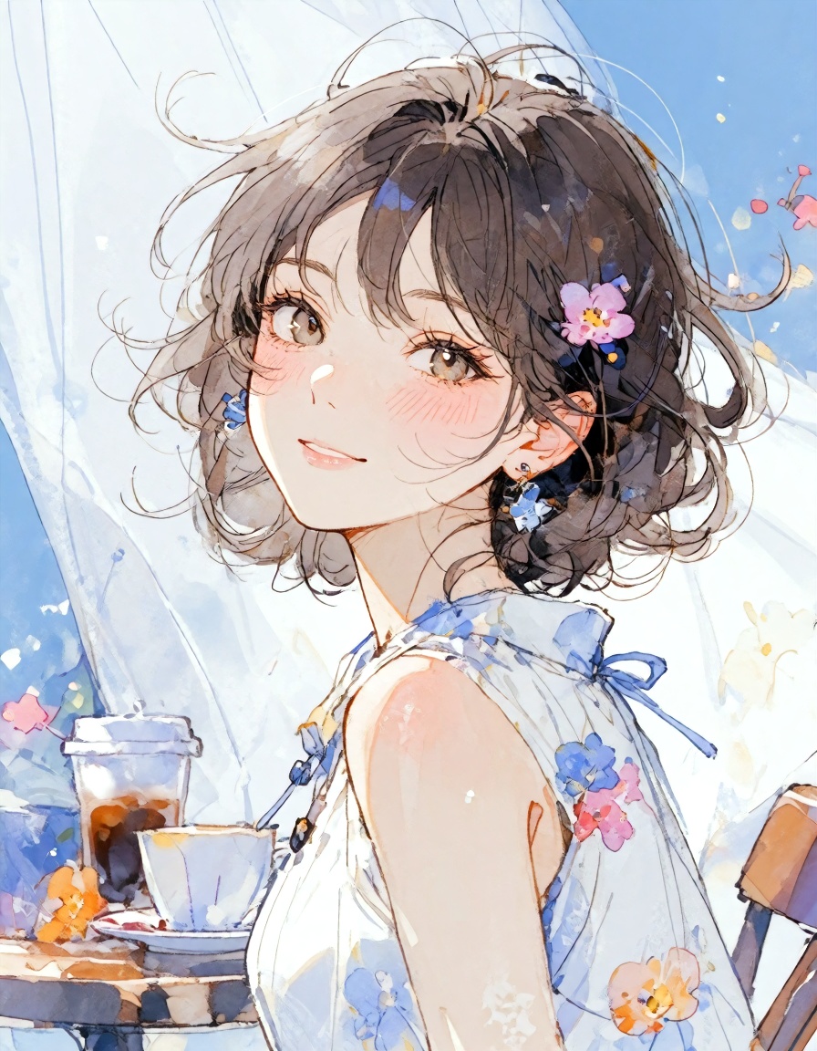 digital illustration portrait of a beautiful young woman looking softly at the camera over her shoulder. She has voluminou...
