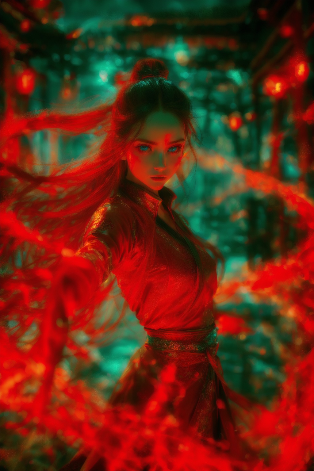 dancing,fighting stance,red-aura,using red-magic,red-magic,1girl,solo,long hair,blue eyes,<lora:magic_fighting_red_512_dreamshaper_8:0.8>,