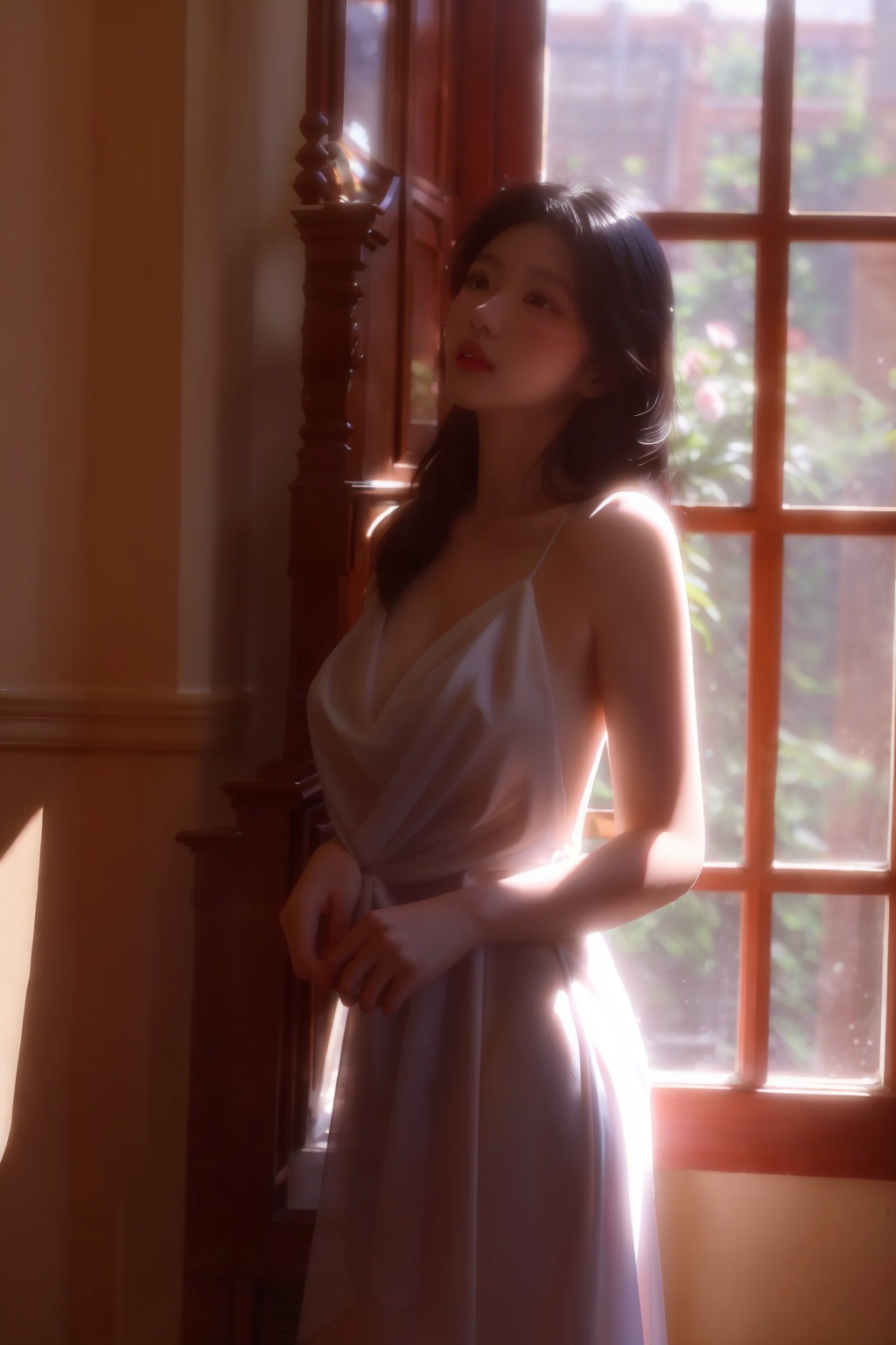 <lora:juanshaxi:0.8>,juanshaxi-style,wtteg-white-tulle-transparent-evening-gown,hf-hazy-feeling,sunlight,sl-soft-light,1girl,solo,long hair,breasts,black hair,flower,lips,window,realistic,bare shoulders,standing,indoors,backlighting,cigarette,
