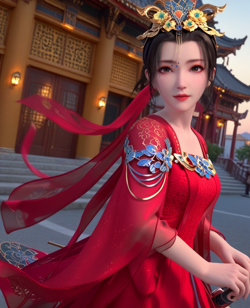 (oriental architecture, elegant decor, sophisticated style:1.1),(skateboarding moves:1.1),(breasts:1.2),<lora:XL少年歌行李寒衣婚服:0.95>,miss lihanyi,red chiffon strapless sundress,red shawl sleeves,flower shaped hair ornament,black hair,eyeshadow,brown eyes,jewelry,red lips,, score_9,score_8_up,score_7_up,score_6_up,score_5_up,score_4_up,3d rendering,tag1,tag2, Cinematic Lighting,backlighting,
