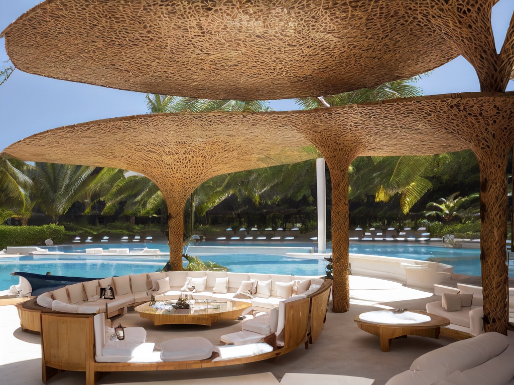 a pavilion made of rattan,Swimming pool,outdoor sofa,tropical.,Summer Noon,montage effect,<lora:20240102-1704177466587:1>,