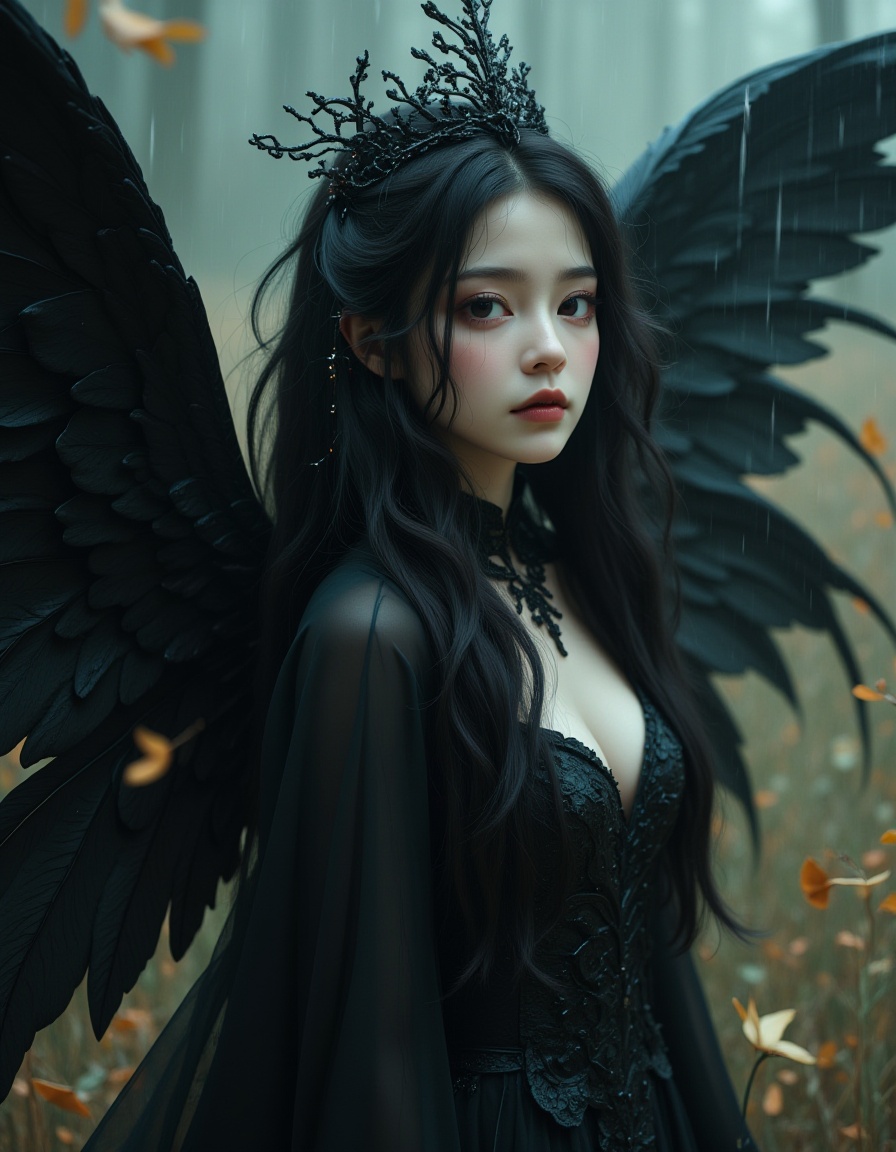 realistic portrait,film style,upper body,Aesthetics of material mourning,illusory and ethereal fairy with black wings,Gothic clothing,the background is the sacred symbol of ideal beauty that is about to disappear,translucent petals drifting with the wind,fluorescent raindrops like broken shadows,a little cold tone,natural hiding color method,complementary color coloring,hazy soft color,warm and glossy,frame composition,like dream,mystery,aestheticism,