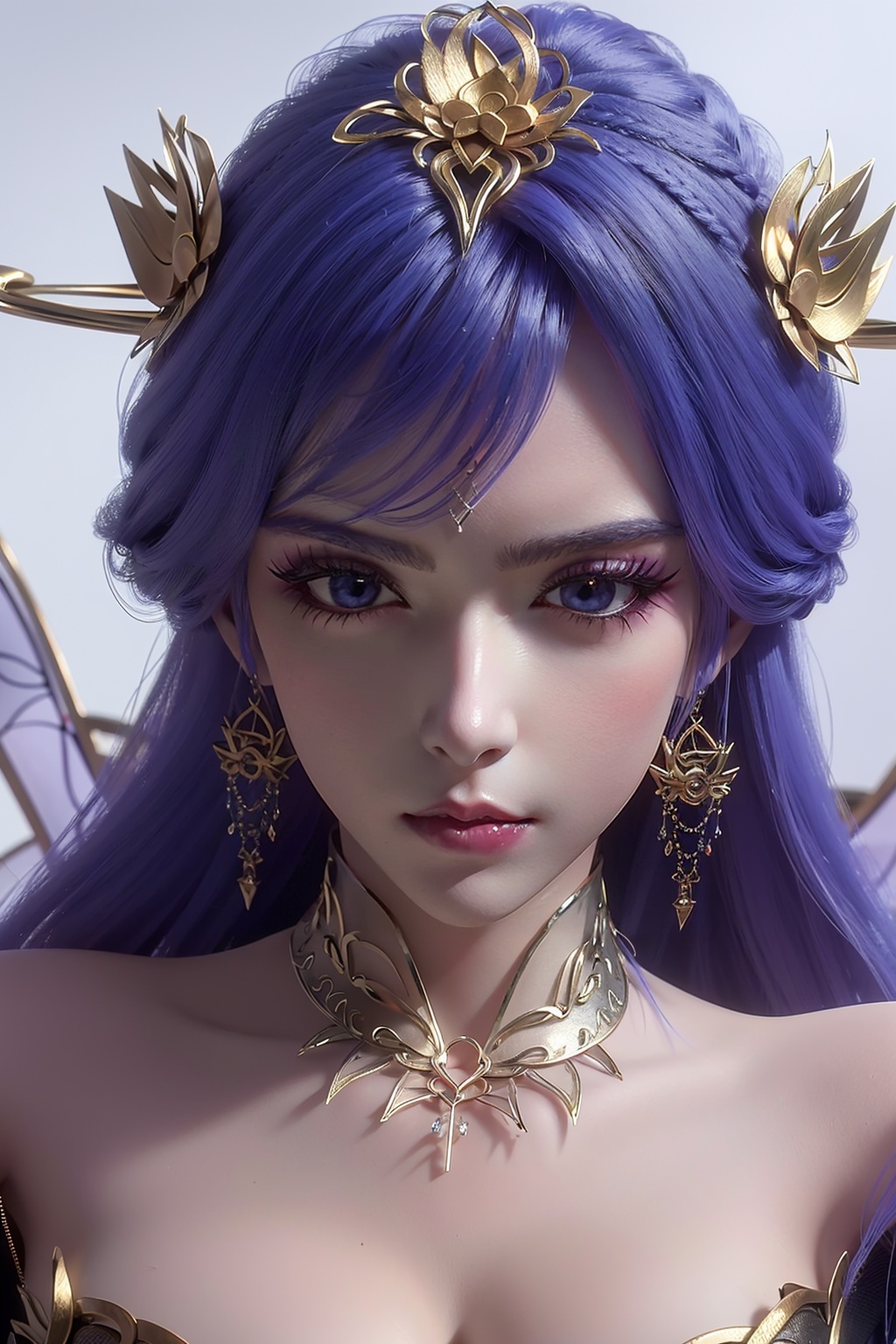 tianqiong,1girl,solo,from_above,upper body,<lora:tianqiong:0.7>,jewelry,hair ornament,solo,earrings,long hair,blue eyes,blue hair,necklace,purple hair,masterpiece,HDR,UHD,8K,best quality,Photographic,