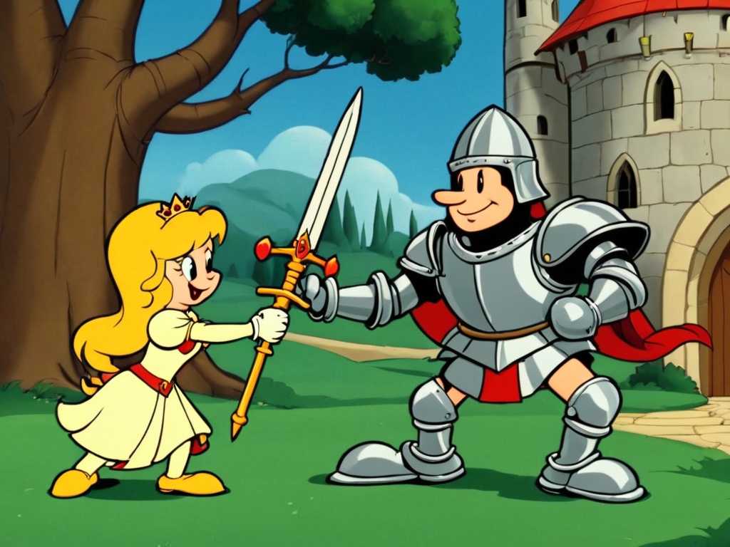 cartoon,  medieval princess and a knight in armor on Tensor.Art