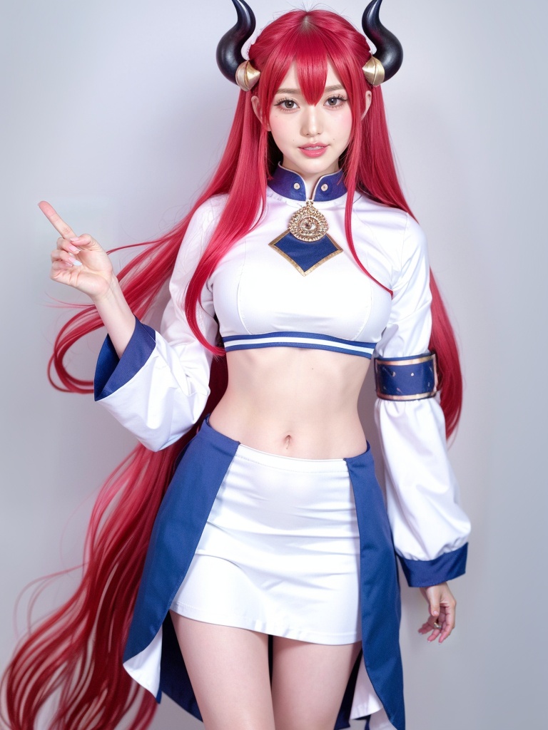 1girl, nilou \(genshin impact\), horns, long hair, solo, fake horns, red hair, navel, looking at viewer, skirt, smile, long sleeves, stomach, arm up, crop top, blue eyes, twintails, blue skirt, midriff, veil, simple background, harem outfit, parted lips, circlet, very long hair, jewelry, medium breasts, lips, puffy long sleeves, parted bangs, brooch, dancer, grey background, puffy sleeves, teeth