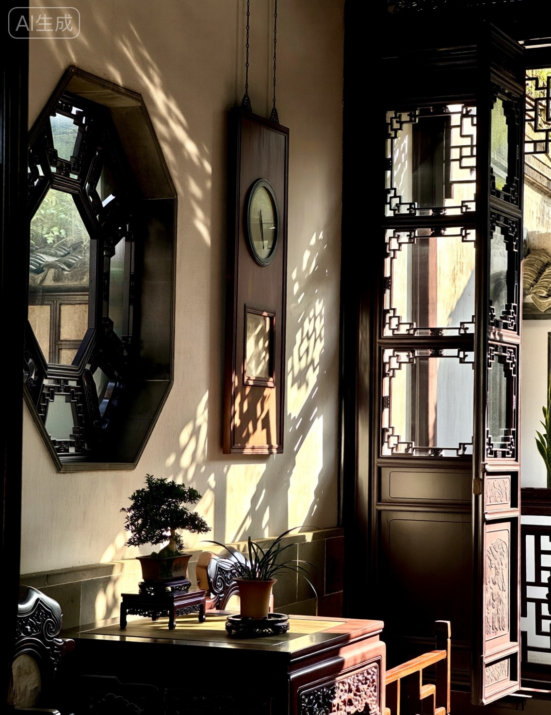这张照片捕捉了一个传统且可能受东亚风格启发的室内角落，阳光明媚。图片中自然光和人造光交织，营造出温暖而诱人的氛围。前景中，一张雕刻精美的深色木制控制台桌上摆放着一盆小植物在左侧，右侧则是一盆较大的绿叶植物。桌子右侧边缘堆放着几本有光泽封面的书。, , 左侧，一面六边形的黑色木质框镜子挂在米色纹理墙上，反射出房间的部分景象并投下阴影。镜子正下方，一个小巧的深色木制架子上放着另一盆外观精致的植物。图片右侧，一扇带有复杂几何雕刻和玻璃面板的深色木门半开着，让阳光照进来。光线在墙上和桌子上形成了复杂的阴影图案。门上方悬挂着一个长方形的深色木钟，钟面简单圆形，由细链悬挂。整体风格传统而精致，注重自然光、木材纹理和精细雕刻。, Negative prompt: ng_deepnegative_v1_75t,(badhandv4:1.2),EasyNegative,(worst quality:2),,nsfw, Steps: 30, Sampler: Euler, CFG scale: 7.0, Seed: 1578279671, Size: 1140x1472, Model hash: 98763a1277, Model: Qwen-Image_1.0.safetensors, Denoising strength: 0, RNG: CPU, Lora 1: Qwen - 氛围感写实风景, Lora Hash 1: 990d3dae6f, Lora Weight 1: 0.8, vae_name: automatic