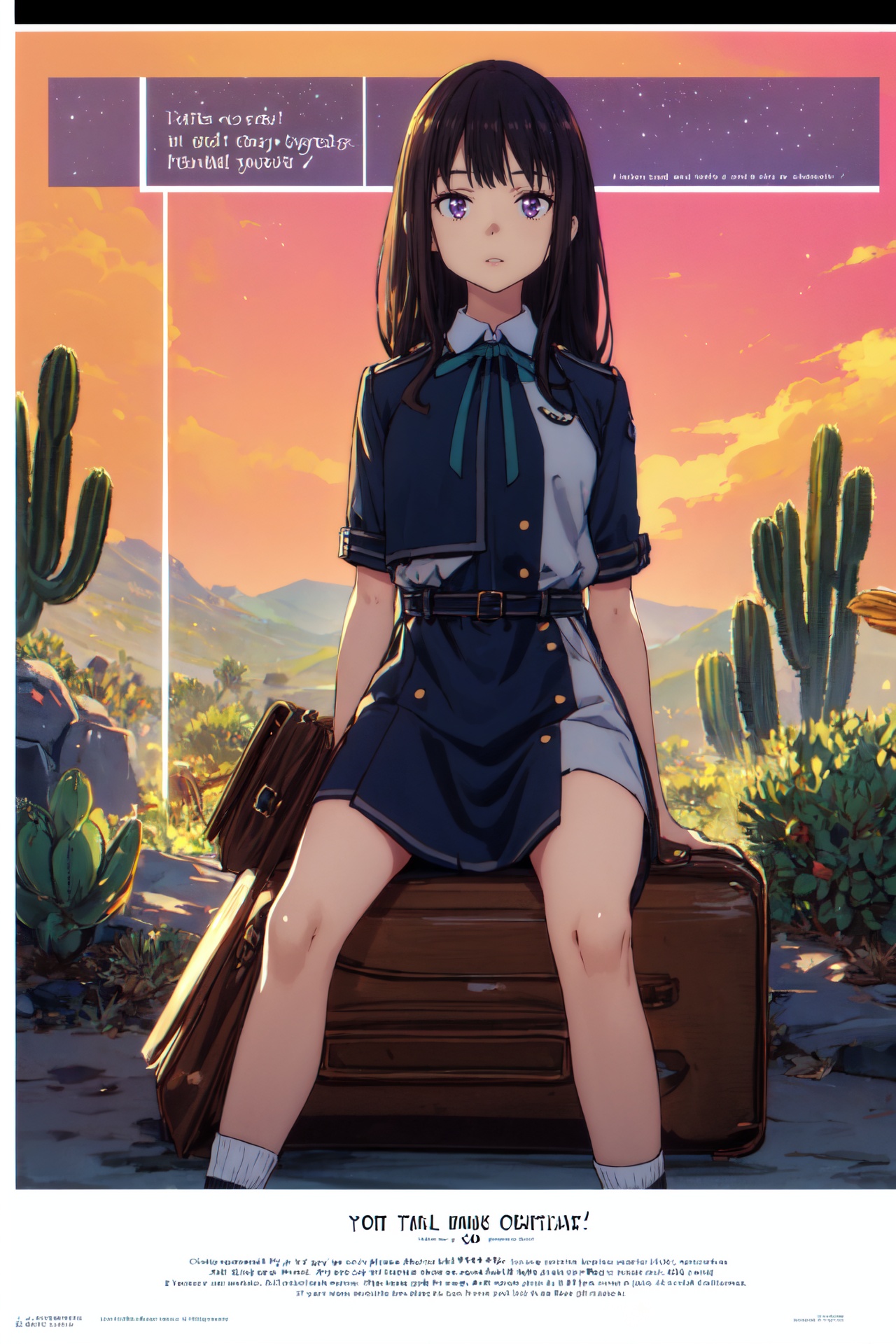 1girl,looking at viewer,solo,black hair,long hair,purple eyes,ribbon,green ribbon,neck ribbon,lycoris uniform,dress,blue dress,two-tone dress,belt,collared shirt,shirt,grey dress,white shirt,socks,black socks,loafers,brown footwear,<lora:takina>,takina_CYQL,(moaning,straddling,upper_body,front view:1.1),beautiful face,beautiful eyes,glossy skin,shiny skin,Auction podium, Bidding paddles, Auctioneer's gavel, Display cases, Auction catalog,Agave plants, Succulents, Desert landscape, Cacti, Warm desert sun, Arid climate,beautiful detailed sky,beautiful detailed glow,(movie poster:1.2),(border:1.3),(English text:1.4),posing in front of a colorful and dynamic background,masterpiece,best quality,beautiful and aesthetic,contrapposto,female focus,wallpaper,fashion,<lora:增强减少细节add_detail:0.4>,