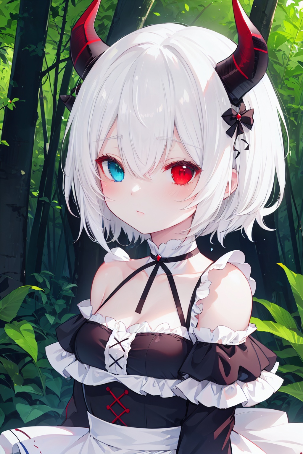 (detailed light),(an extremely delicate and beautiful),volume light,best shadow,cinematic lighting,flash,Depth of field,dynamic angle,Oily skin,(upper body),(solo:1.2),(short hair,white hair:1.3),((rem:0.7)+(miku:0.8)),has(2 red horns:1.2),(heterochromia<(red eyes, blue eyes)>),(black_white maid_outfit) (off shoulder) (frills:1.2),(in forest)