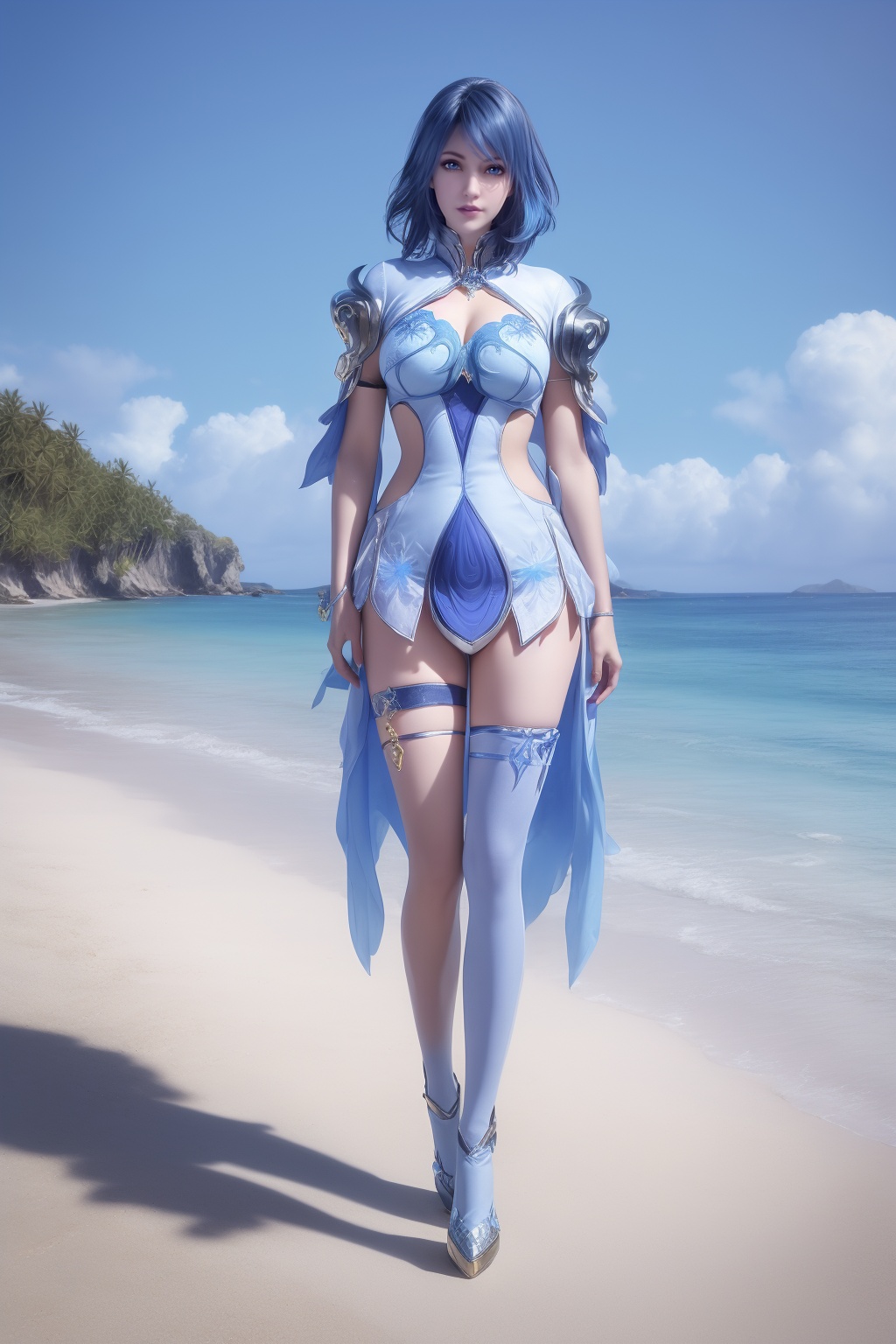 photo_\(medium\),(8k, RAW photo, best_quality),(masterpiece:1.2),(realistic:1.2),(photorealistic:1.3),(ultra-detailed),(extremely_detailed_cg_8k_wallpaper),(crystal_texture_skin:1.3),(shiny:1.2),(shiny_skin:1.4),(extremely_delicate_and_beautiful),Summer,Beach,Sea,sunshine,shenfengShuiBing,1girl,solo,dress,blue dress,armor,asymmetrical legwear,bangs,blue hair,thigh strap,single thighhigh,blue theme,short hair,charm,breasts,large breasts,standing,jewelry,hair ornament,lips,realistic,looking at viewer,<lora:shenfengShuiBingEr_20240508195535-000004:0.7>,