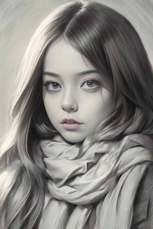 Colorful lead painting style,sketching style,a long haired woman with a scarf around her neck and a serious expression on her face,looking to one side and drawing with a pencil,masterpiece,best quality,<lora:smmx-000006:0.8>,