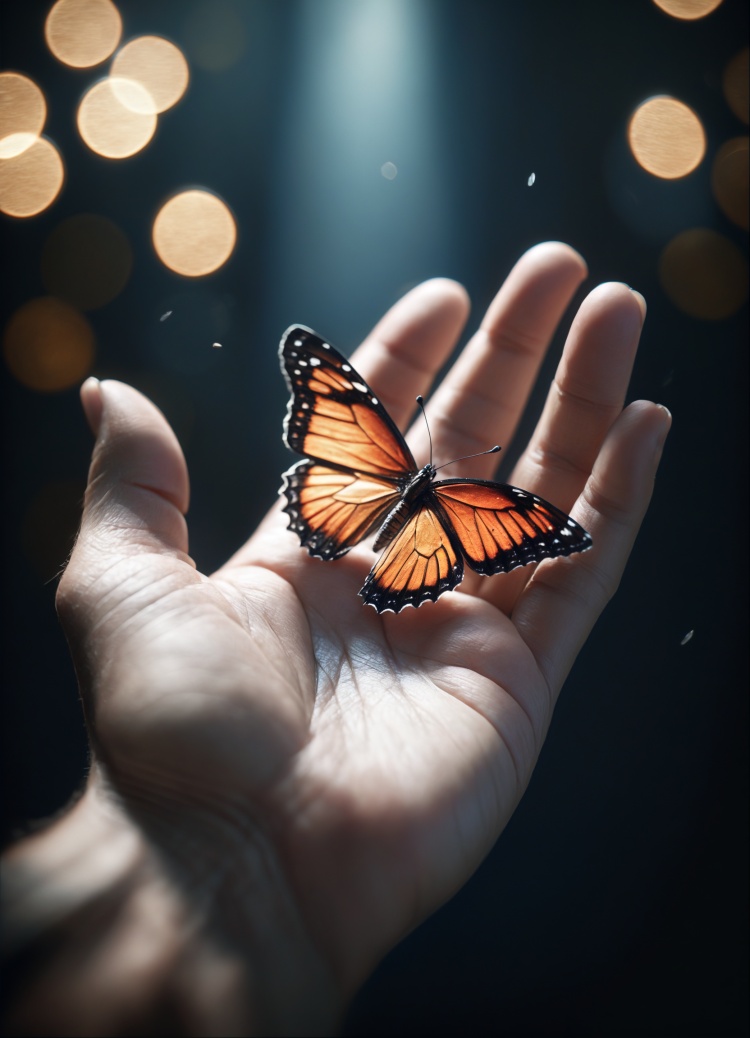 cinematic film still of a person holding a butterfly in their hand, zavy-cnmtc, shallow depth of field, vignette, highly detailed, high budget, bokeh, cinemascope, moody, epic, gorgeous, film,open palms,from above