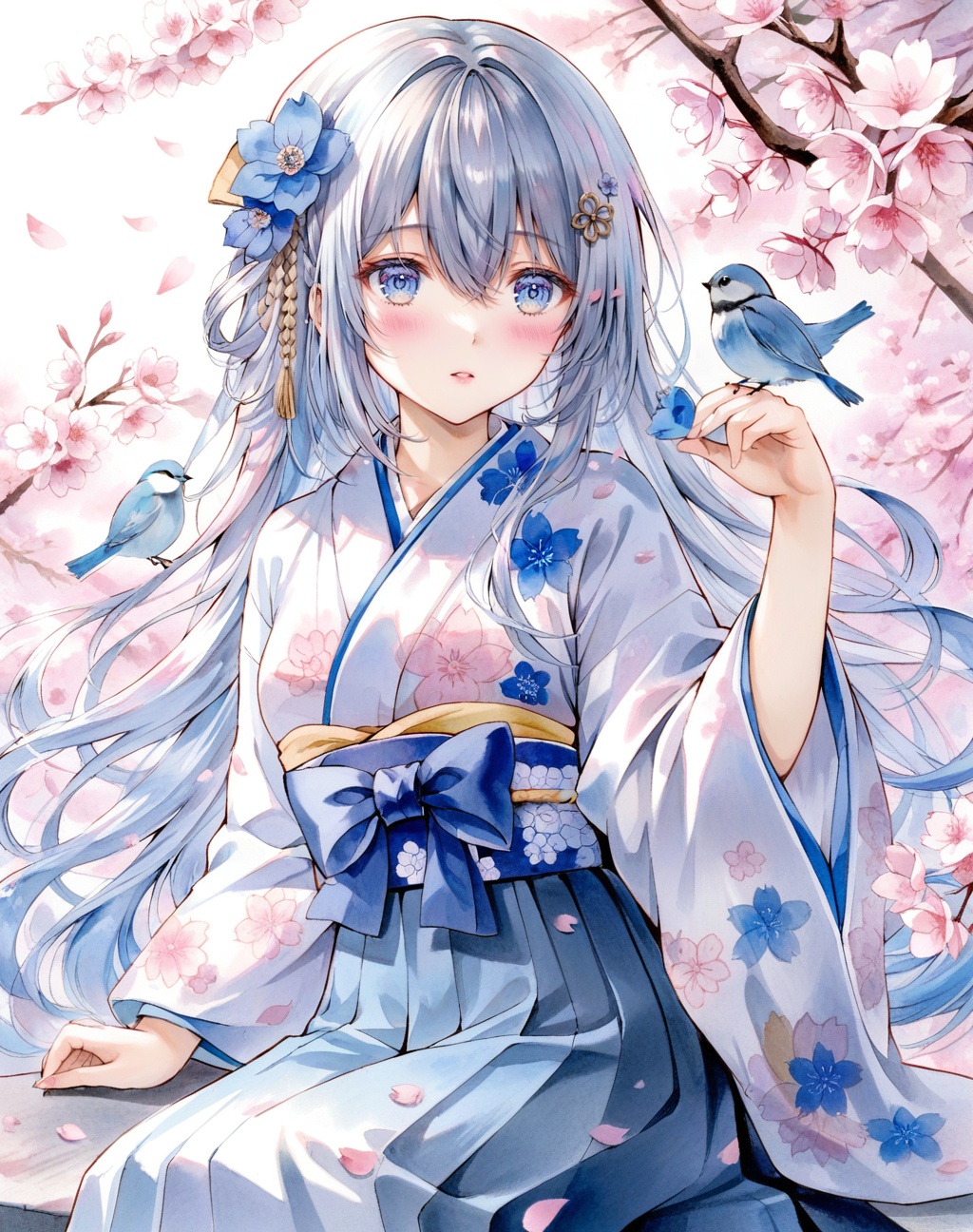 jw,Noyu,1girl, japanese clothes, flower, long hair, kimono, painting (medium), bird, hair ornament, solo, traditional media, hair flower, blue eyes, watercolor (medium), bangs, braid, blue flower, branch, hakama, bird on hand, skirt, long sleeves, hair between eyes, hakama skirt, wide sleeves, hand up, floral print, blush, bow, blue hakama, sitting, pink flower, white hair, sash, obi, hair bow, grey hair, parted lips, very long hair, blue hair, upper body, print kimono, looking at animal, hair ribbon, white kimono, closed mouth, animal, animal on hand, ribbon, cherry blossoms, petals, looking away, blue bow