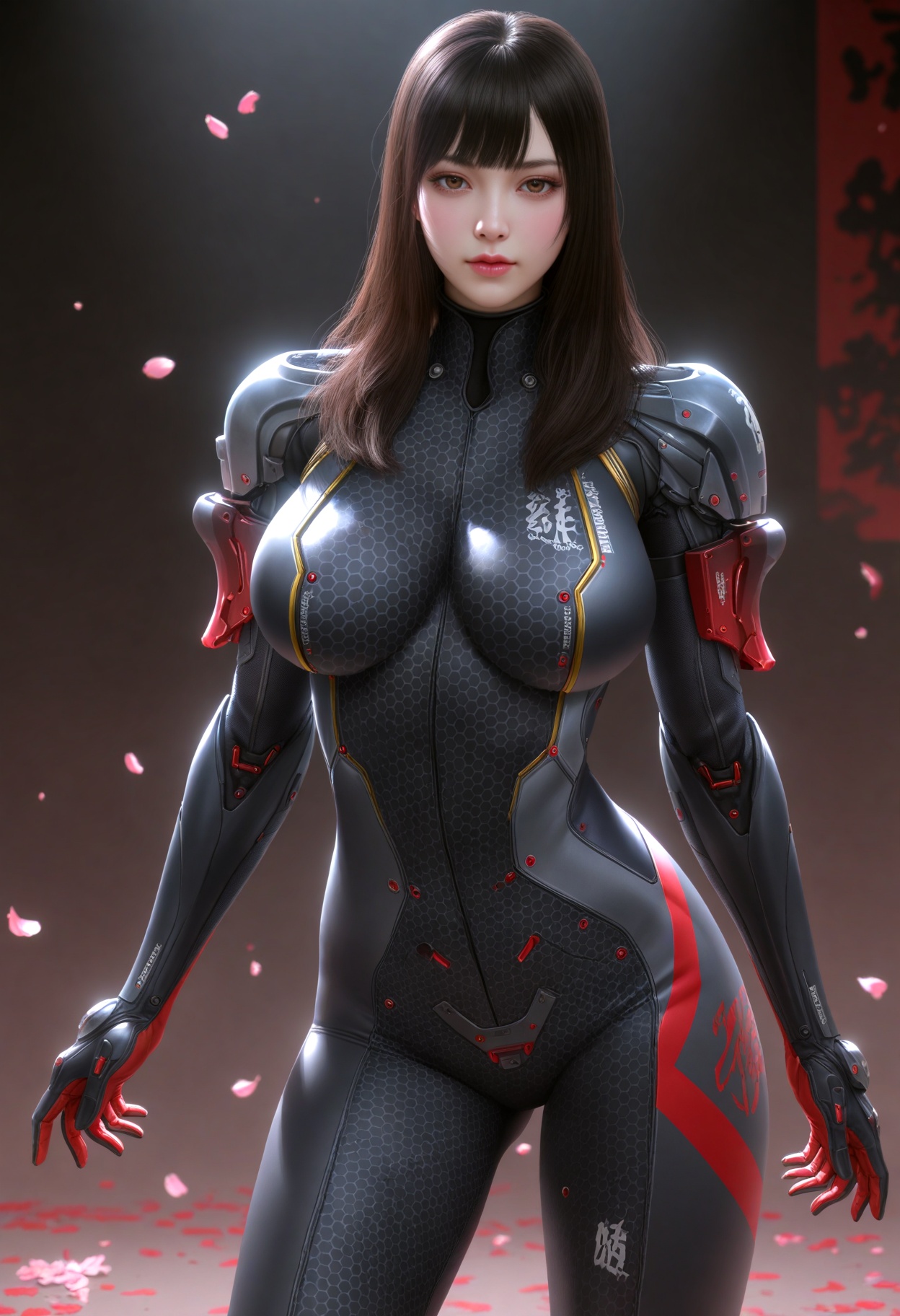 (cowboy shot:1.2),(gigantic breasts:0.6),(slender:1.3),(looking_at_viewer:1.1),(masterpiece:1.1),(best quality:1.2),(intricate details),dim lighting,(smog:1.3),(Dark room:1.3),(dim lighting:1.3),peach blossom,falling petals,<lora:YQ_Illustrious光辉v5_孙尚香_V1:0.8>,q1528437228,1girl,solo,bodysuit,long hair,black hair,high heels,brown hair,armor,black footwear,brown eyes,blunt bangs,shoulder armor,gloves,masterpiece,(best quality),(intricate details:0.9) BREAK masterpiece,(best quality),(intricate details:0.9),(realistic skin:1.2),
