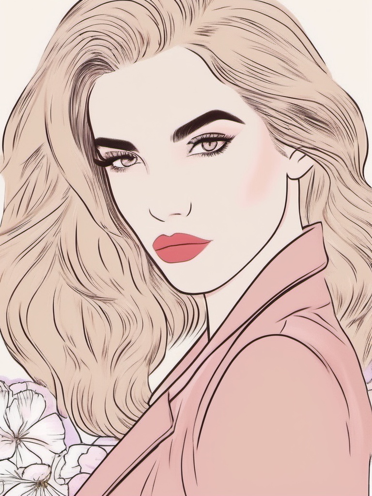 1NK ,  The image a portrait of a young woman with long,  wavy hair. She is wearing a pink blazer and has a neutral express...