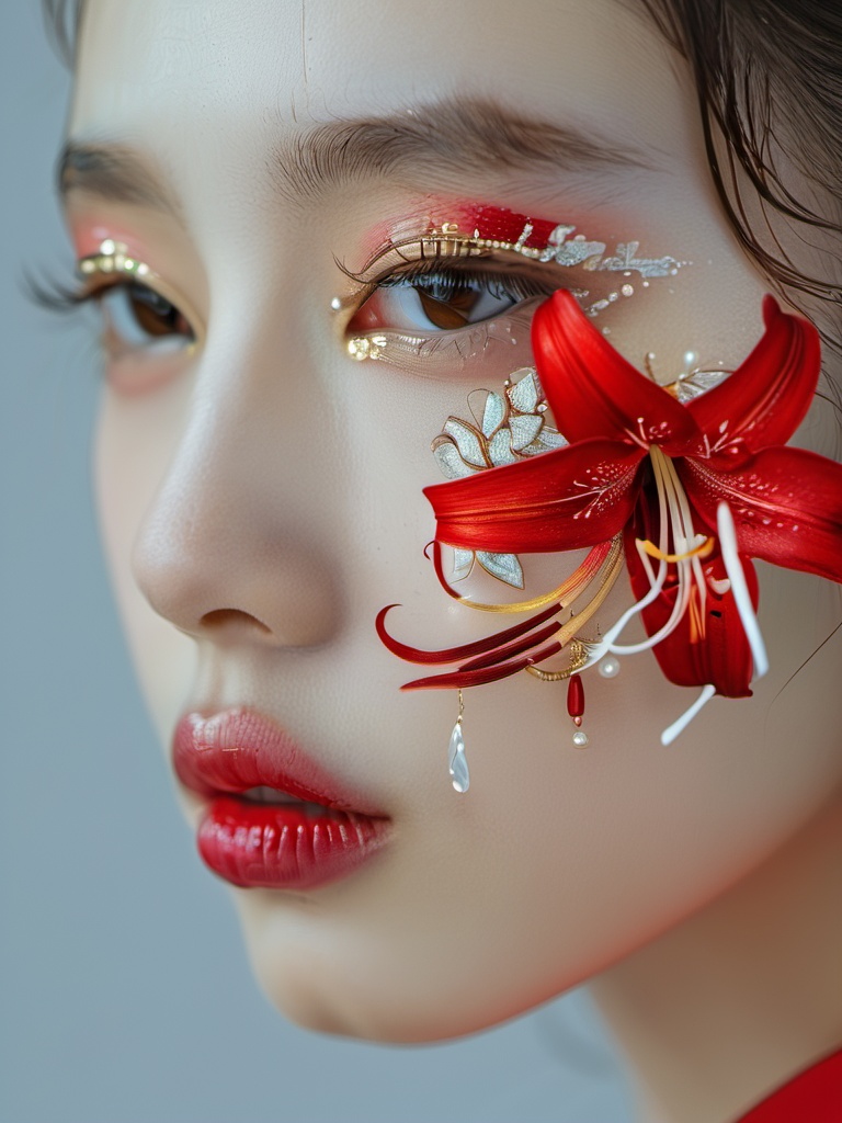 zhuangrong, 1girl, solo, jewelry, earrings, brown eyes, red lilies, portrait, close-up, makeup, red lips, looking at viewer, blurry, eyelashes, parted lips, brown hair, lips,<lora:xlgfzr:1>,