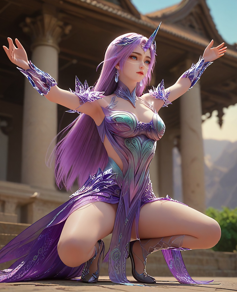 (oriental architecture, elegant decor, sophisticated style:1.1),Crouching with arms outstretched, imitating a bird in flight, showing playfulness,,(breasts:1.2),<lora:XL16完美世界月柳:0.95>,miss yueliu,solo,boobplate,purple skirt,blue eyes,forehead crystal horns,face chain,unicorn hair,very long hair,earrings,crystal pauldrons,crystal faulds,fart curtain,crystal vambraces,ashi kazari,, zPDXL2, score_9, score_8_up, score_7_up BREAK realistic, masterpiece,best quality, highly detailed,, zPDXL3, zPDXL2,zPDXL, zPDXLxxx, zPDXLrl,