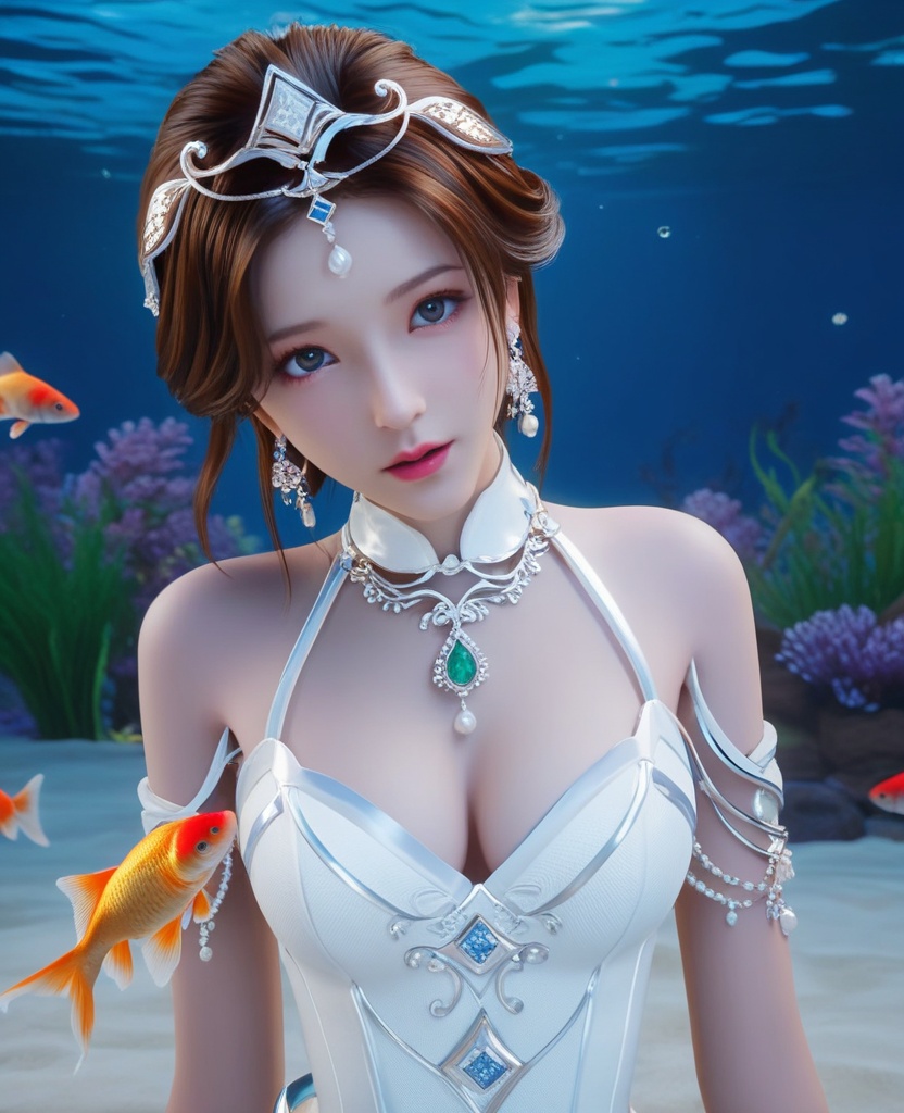 <lora:613-DA-XL-神印王座-白玥:0.8>(,1girl, ,best quality, ),looking at viewer,masterpiece, ((((, solo,  goldfish, ,solo focus, ,underwater, )))) ,ultra realistic 8k cg,   clean, masterpiece,     cinematic lighting, cinematic bloom,  (( , )),, , unreal, science fiction, luxury, jewelry, diamond, gold, pearl, gem, sapphire, ruby, emerald, intricate detail, delicate pattern, charming, alluring, seductive, erotic, enchanting, hair ornament, necklace, earrings, bracelet, armlet,,(cleavage),