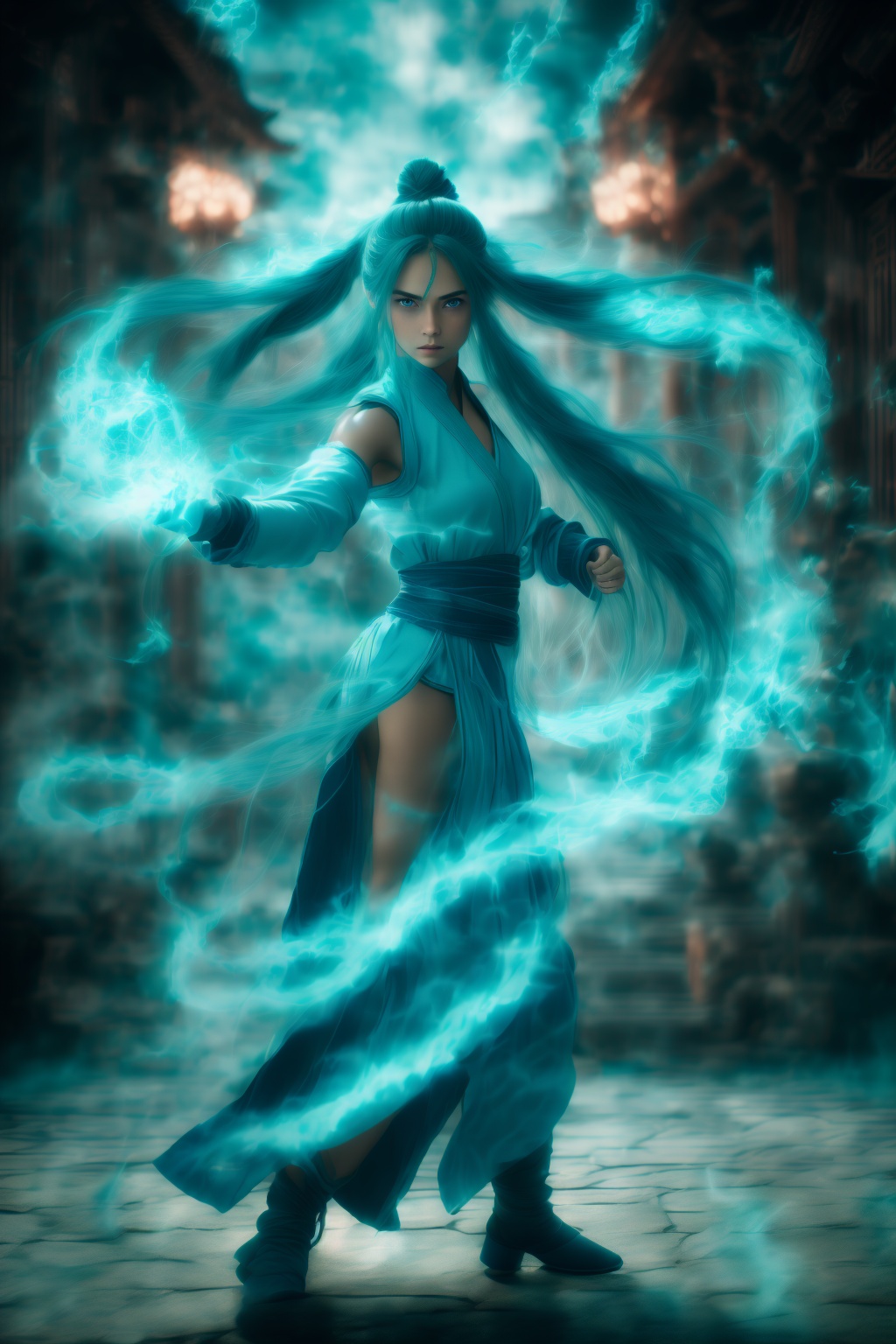 fighting stance,dancing,ancient-costume,cyan-aura,using cyan-magic,cyan-magic,1girl,solo,long hair,blue eyes,<lora:magic_fighting_cyan_512_15:0.8>,