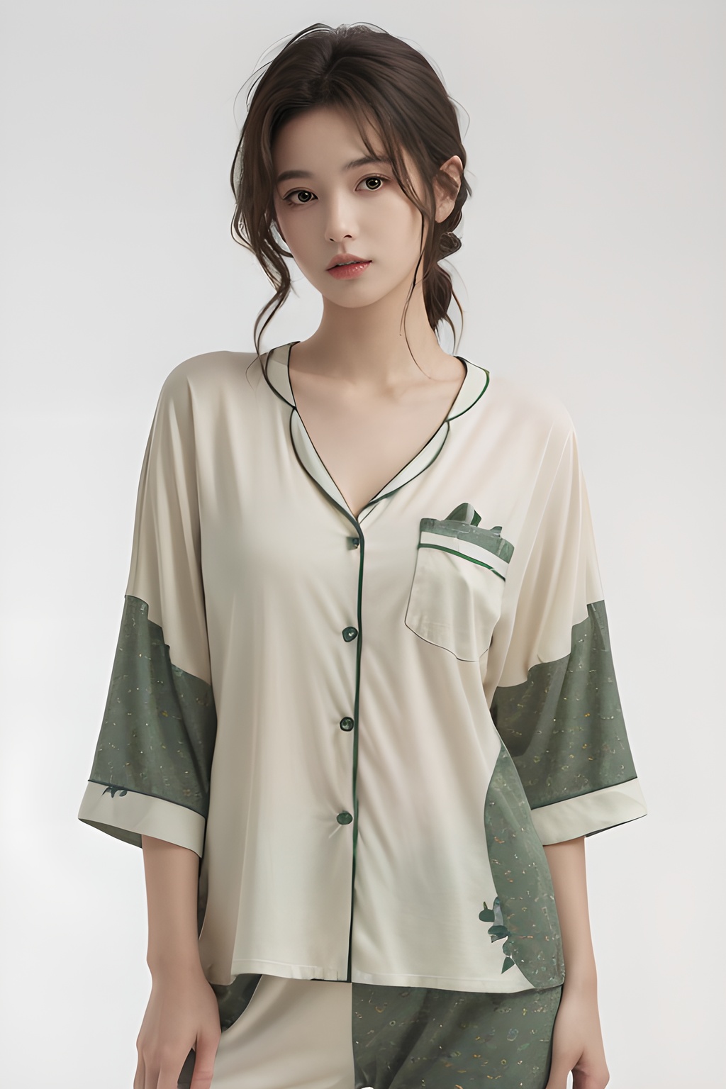 <lora:0818_07:0.7>,simple background,green_print_pajamas,, 1girl,realistic,masterpiece, best quality, photorealistic, HDR,detail