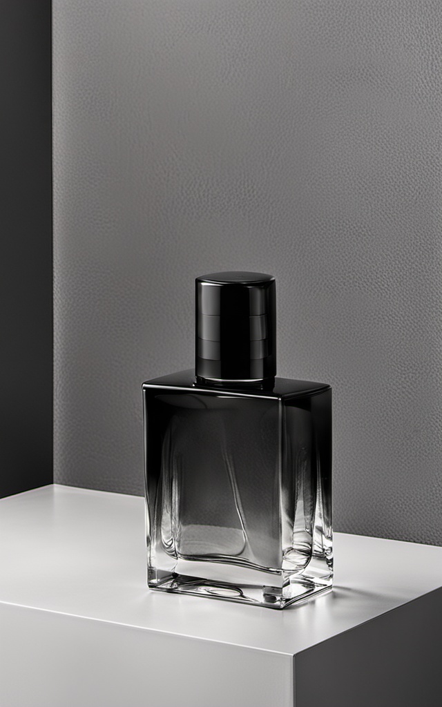 gaoji, A black square perfume bottle is placed on the white table, with dark gray walls in the background. The high-end photographic style features a minimalist composition and soft lighting. It has a wide-angle lens, delicate texture, clear details of the glass material, strong contrast between light and shadow, cool tones, elegant movements, modern fashion elements, and a mysterious atmosphere. in the style of modern fashion photography.,<lora:GJsp4-XL-000005>,
