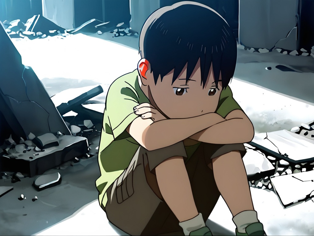 <lora:Yuki_XL:1>,best quality,best detail,masterpiece,on the street,(ruins:1.2),solo,1boy,toddler,green short sleeve,shorts,petite,thin eyebrows,short hair,black hair,brown eyes,perfect correct eyes,sit on the ground,crossed_arms,lonely,((perfect hands,5fingers:1.2)),correct anatomy,chromatic_aberration,panorama,front view,(realistic:1.1),available light,huge filesize,