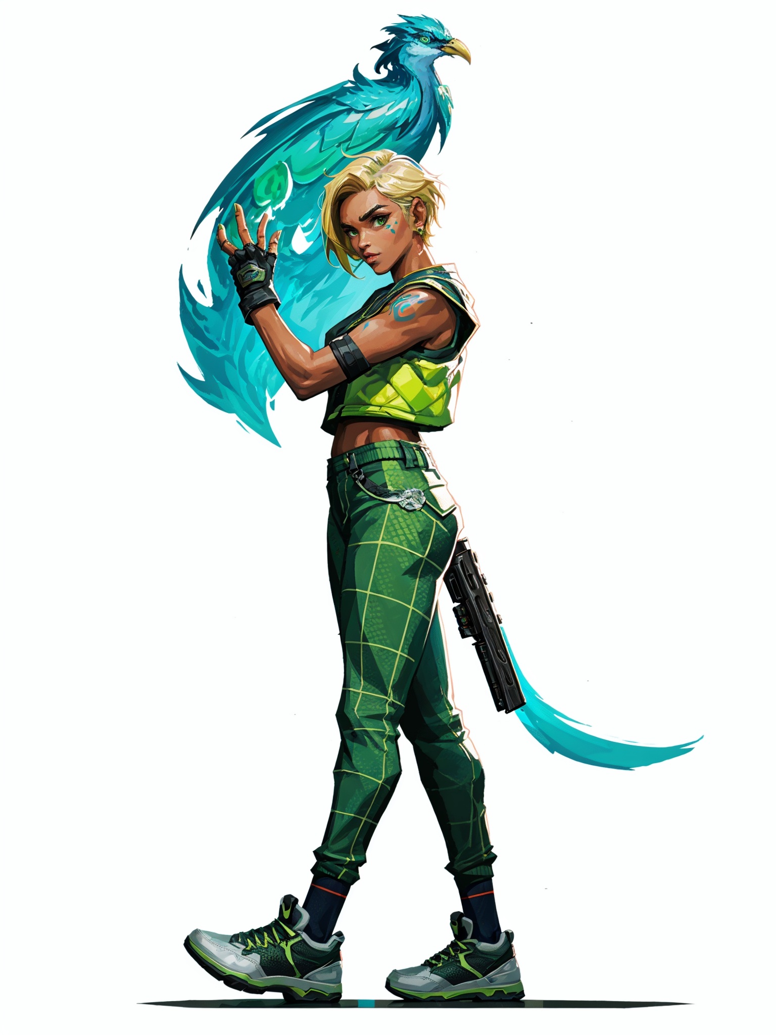 HEZI,Valenlott style,European and American cartoon character design,cutting,dividing,angular,features,weapon,holding gun,gun,holding weapon,holding,shoes,fingerless gloves,gloves,arm tattoo,tattoo,1boy,pants,white footwear,white background,from side,sneakers,male focus,bird,short hair,handgun,goggles,nose piercing,alternate costume,black gloves,dark skin,socks,solo,looking at viewer,blonde hair,piercing,earrings,brown pants,green eyes,jewelry,parted lips,animal on shoulder,simple background,dark-skinned male,official alternate costume,creature,sleeveless,1girl,animal,ear piercing,black pants,,<lora:欧美卡通人物设计V2版本-000012:0.7>,