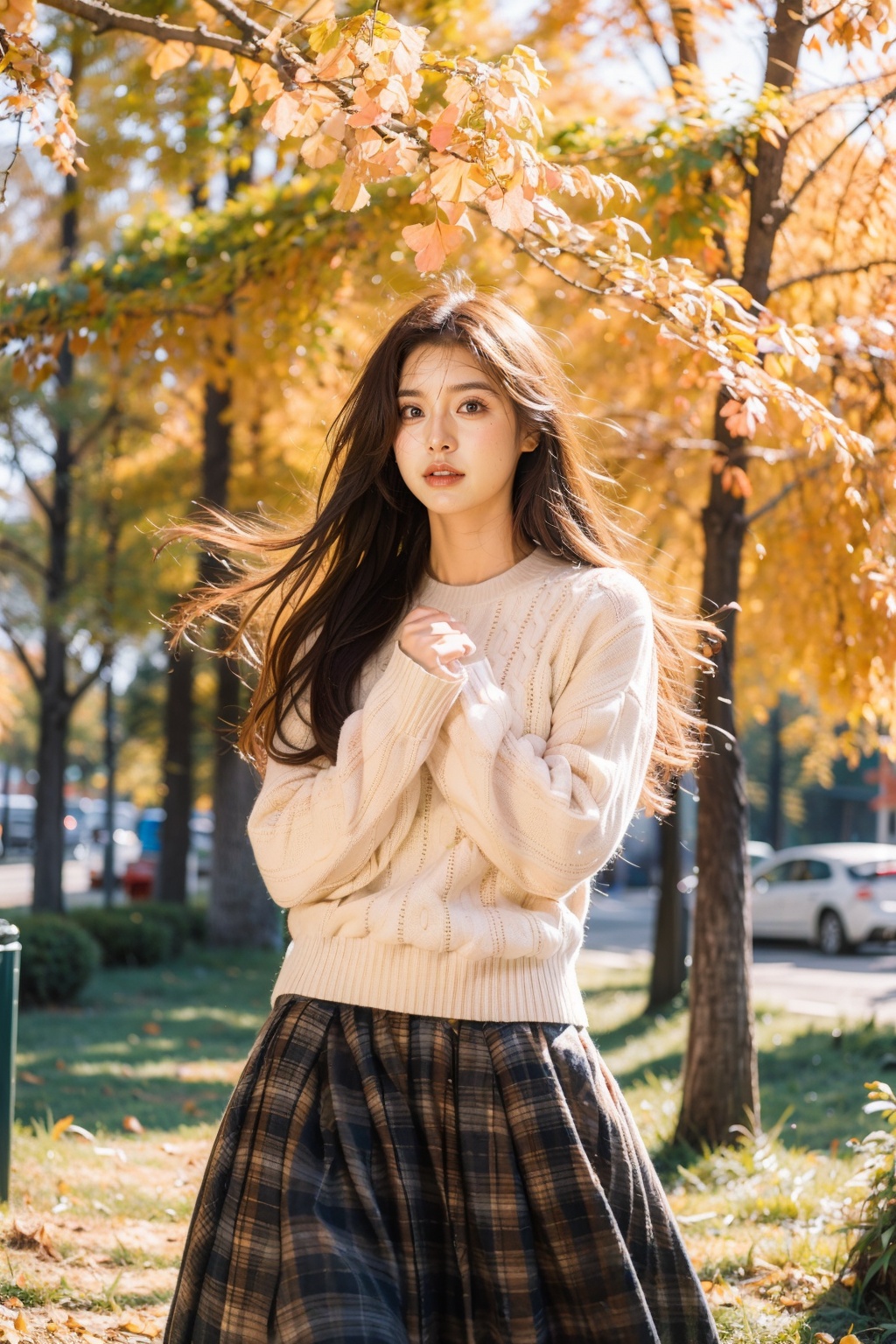 A girl with long hair, waist length black flowing hair, flowing long skirt, big eyes, pink lips, pink cheeks, red lips. Sweater, standing alone in the autumn wind. Everywhere around were dancing ginkgo leaves. Falling leaves, this is a scene of autumn, giving people a sense of tranquility and slightly melancholy. Long hair, sweaters, autumn, wind, ginkgo leaves, loneliness, tranquility, melancholy, black movies.