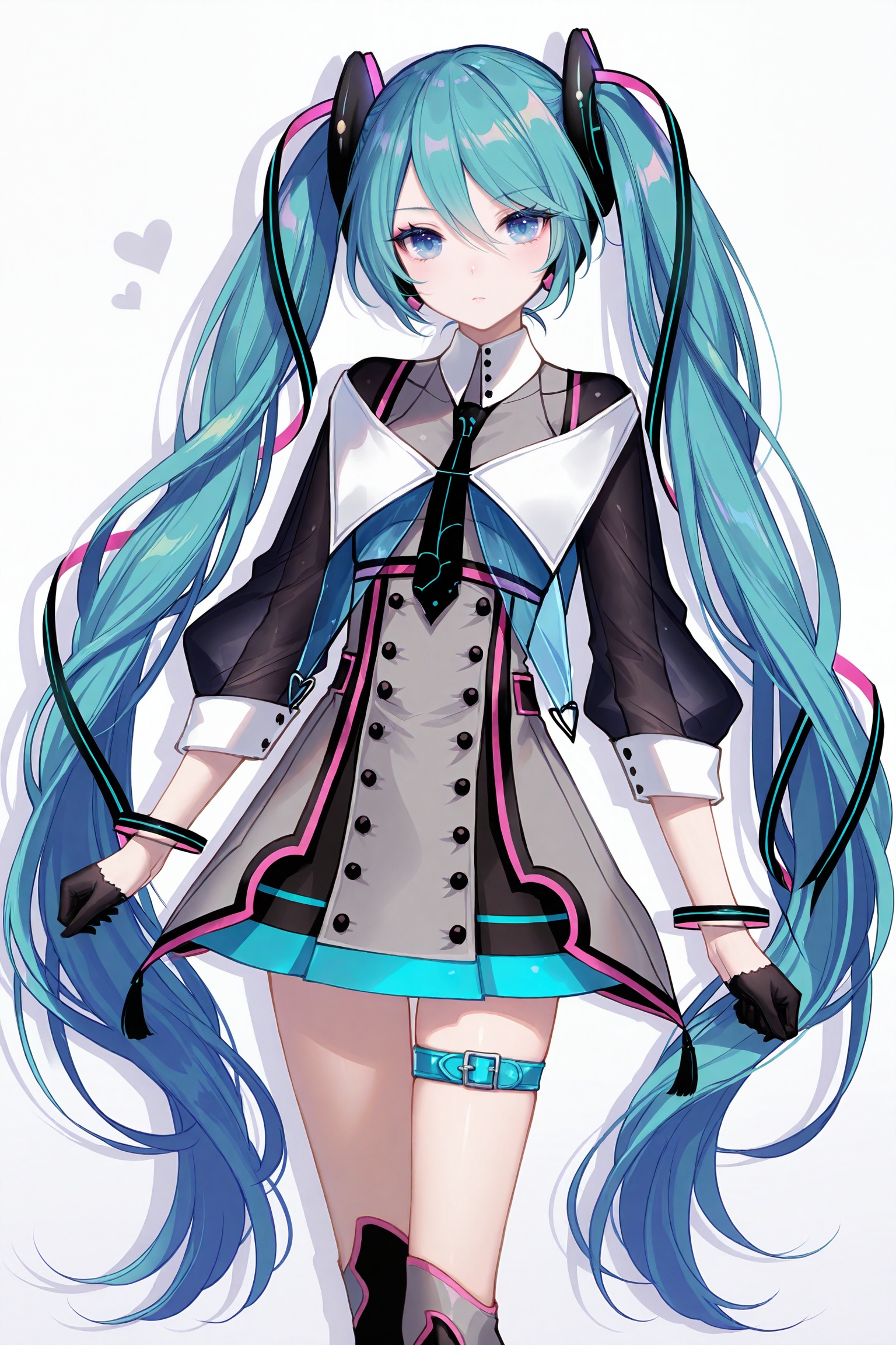 masterpiece,best quality,newest,absurdres,highres,soft shadows,photorealistic,(bison cangshu:0.5),(fuzichoco:0.6),(rimuu:0.5),(mignon:0.5),(sheya:0.6),<lora:mmiku:1>,magical mirai miku \(2015\), skirt, jacket, boots, bracelet, hair ornaments, hair ribbon, thigh strap, half gloves,