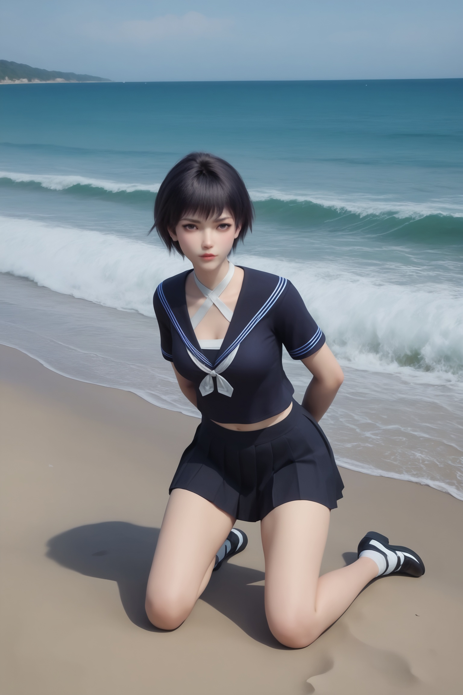 realistic style photo outstanding style,tall,cute,in her teens. Use soft lighting to cast gentle shadows on the subject,adding a touch of dimension to your images without compromising details,score_9,score_8_up,score_7_up,Seaside,beach,waves,full body,<lora:无限世界-赵樱空Pony:0.7>,short,tousled black hair,black school uniform , white tie at the neck. short-sleeved balck top and a pleated,high-waisted skirt.,
