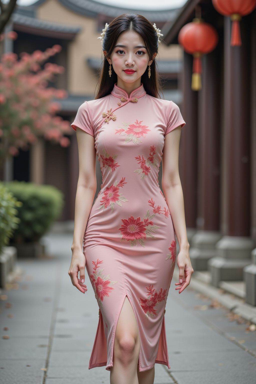 HDR photo of cinematic film still 1girl, solo, large breasts, thin, slim, extremely slim waist, looking at viewer, black hair, dress, brown eyes, jewelry, full body, short sleeves, earrings, outdoors, lower leg, chinese clothes, china dress, realistic, pink cheongsam, cheongsam, high heel shoes, street, road, . shallow depth of field, vignette, highly detailed, high budget, bokeh, cinemascope, moody, epic, gorgeous, film grain, grainy . High dynamic range, vivid, rich details, clear shadows and highlights, realistic, intense, enhanced contrast, highly detailed