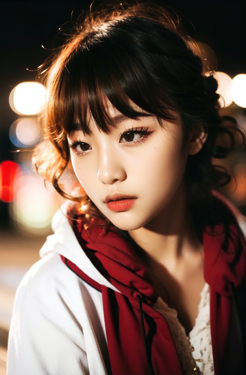 masterpiece,best quality,absurdres,solo,1girl,black hair,night,realistic,city lights,medium hair,white shirt,portrait,facing viewer,looking at viewer,brown eyes,expressionless,messy hair,korean face,bokeh,depth of field,curly hair,red lips,makeup,closed mouth,outdoors, black hoodie, 