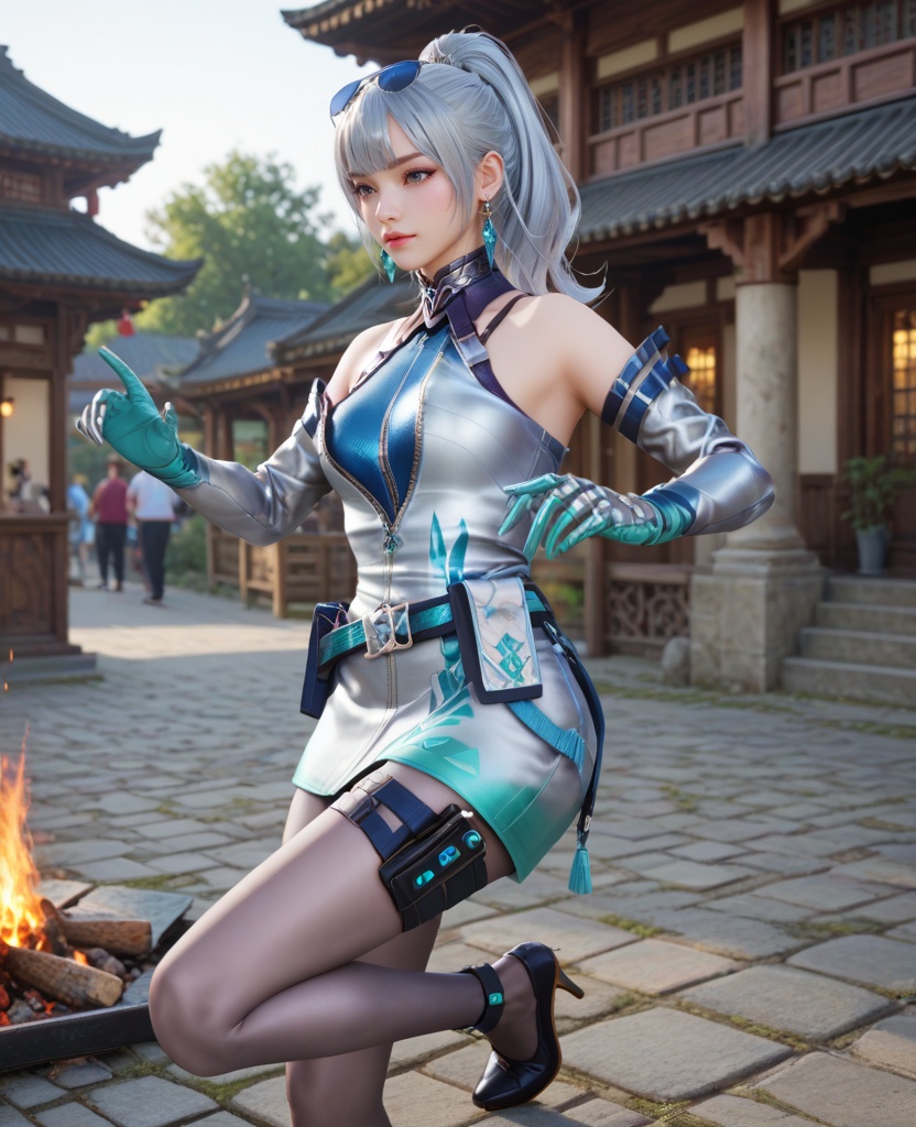 (oriental architecture, elegant decor, sophisticated style:1.1),(dancing at a campfire party:1.1),(breasts:1.2),<lora:XL16穿越火线王者雾蒙蒙保卫者:0.95>,miss wumengmeng,short silver dress,blue corset,silver hair,ponytail,long hair,sunglasses,earrings,elbow gloves,belt,holstered,pantyhose,black heels,, score_9,score_8_up,score_7_up,score_6_up,score_5_up,score_4_up,3d rendering,tag1,tag2, Cinematic Lighting,backlighting,, zPDXL3, zPDXL2,zPDXL, zPDXLxxx, zPDXLrl,