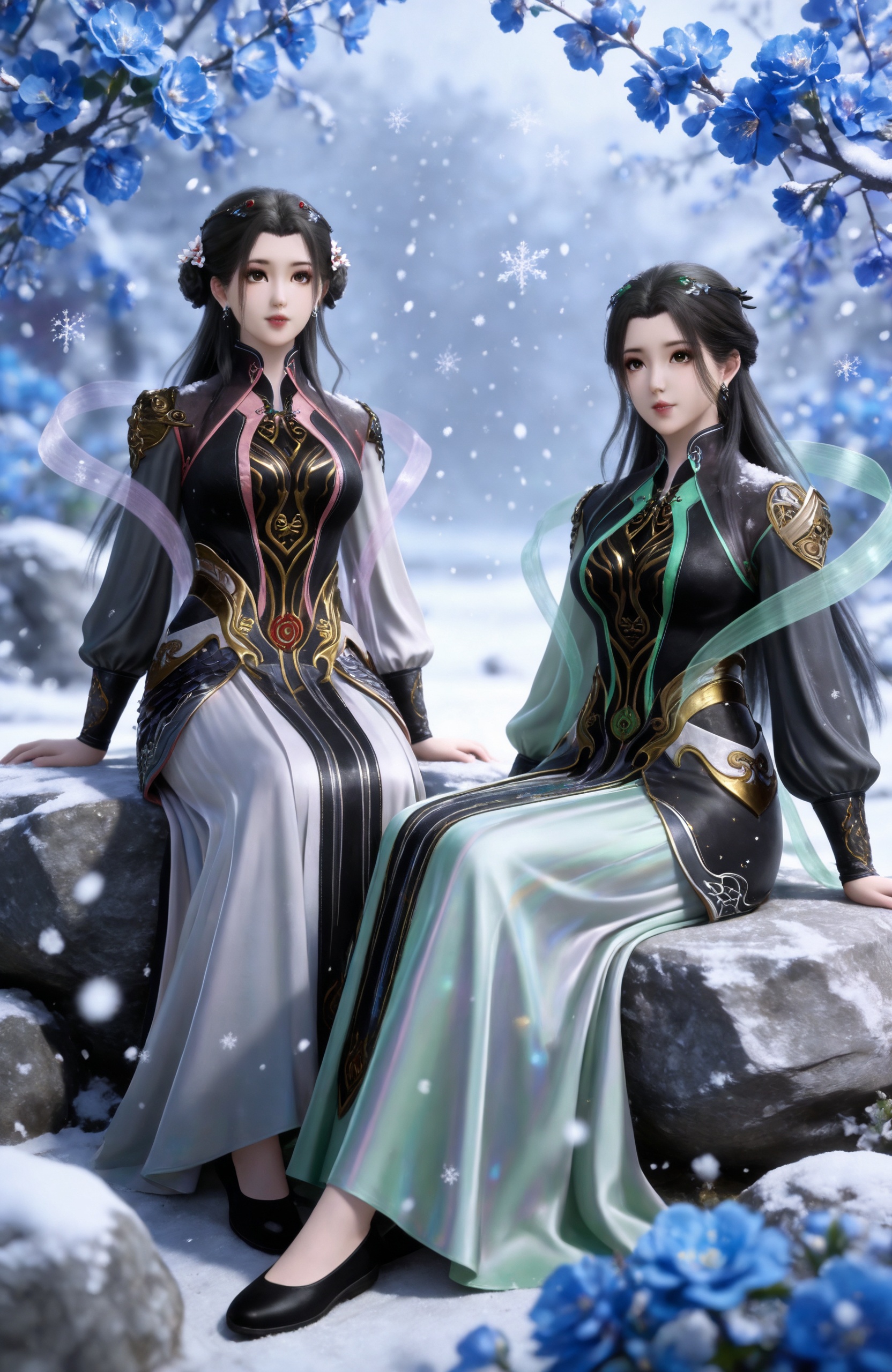 <lora:师兄啊师兄-碧宵+琼宵双飞IL:0.8> 2girls, multiple girls, long hair, black hair, brown eyes,hair ornament, hair bun, hair flower, jewelry, earrings, chinese clothes, green dress, dual persona,black shoes,,, ,snowing, rock,,blurry,sitting,full body,arm support,blue flower,snowflakes