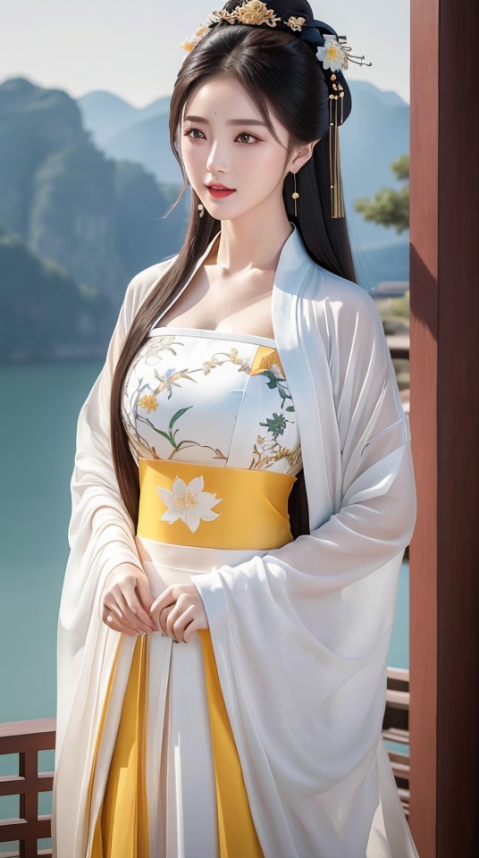 (Best quality,   masterpiece,   realistic,   4k),A girl,Off white Chinese style dress,Hanfu,standing,outdoors,lake,,<lora:6c07c8e4207af3fe355d79d061576f8de75cbdbd7086b75cfd27e11794a543db:0.7>