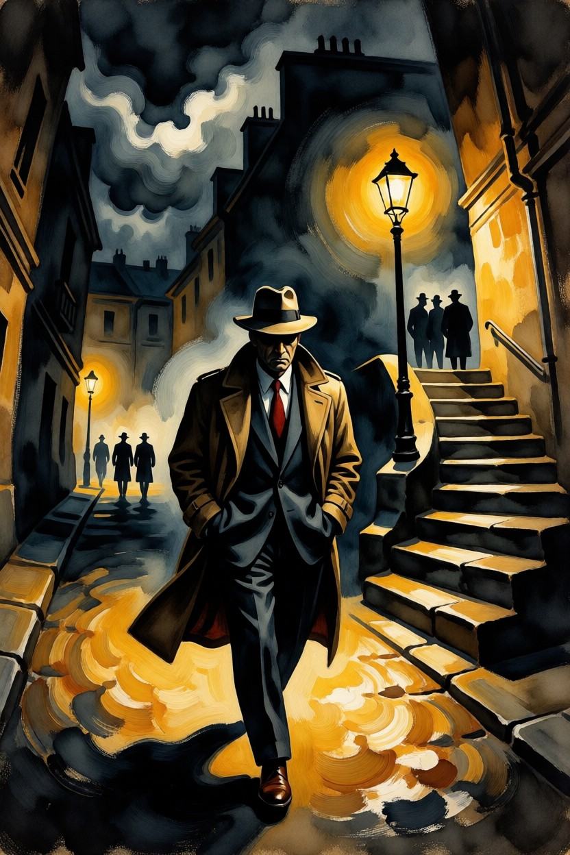 tot_art,  watercolor painting. Surrealistic painting. Fisheye close-up of a film noir detective walking forward in a narro...